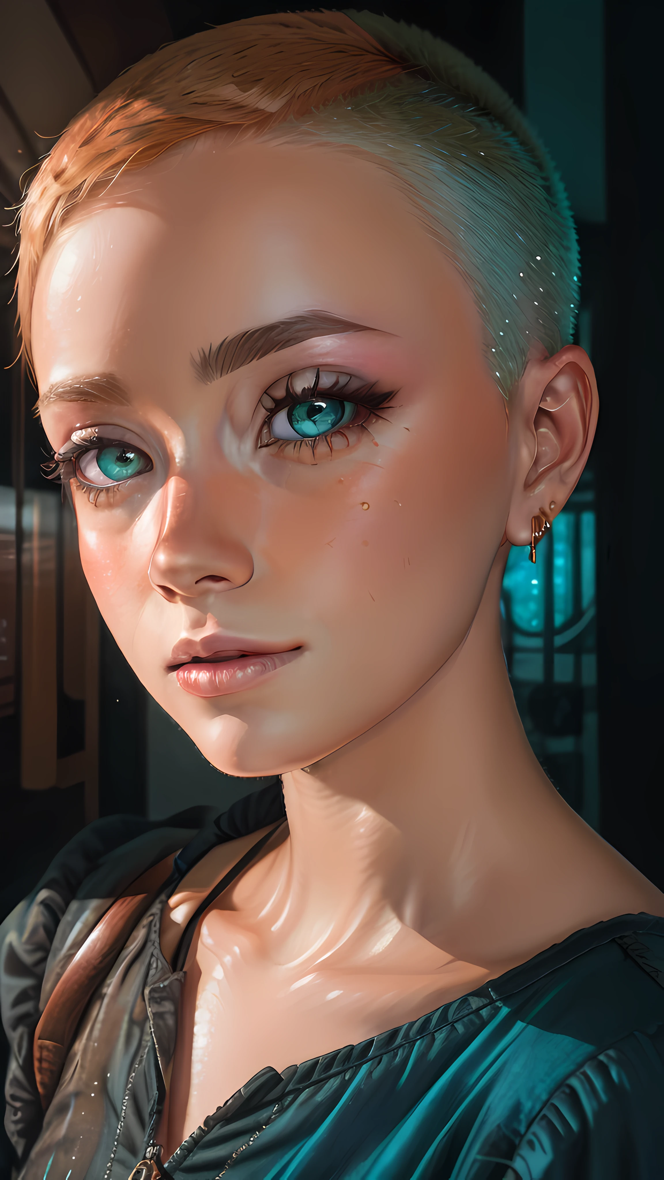 A character with jade eyes and Ginger hair, buzzcut_hairstyle, in the style of detailed atmospheric portraits, sparkling water reflections, hyper-detailed illustrations, wandering eye, Fujifilm Eterna Vivid 500T, aqua and burnished-copper, intense close-ups pxlpshr-rumor