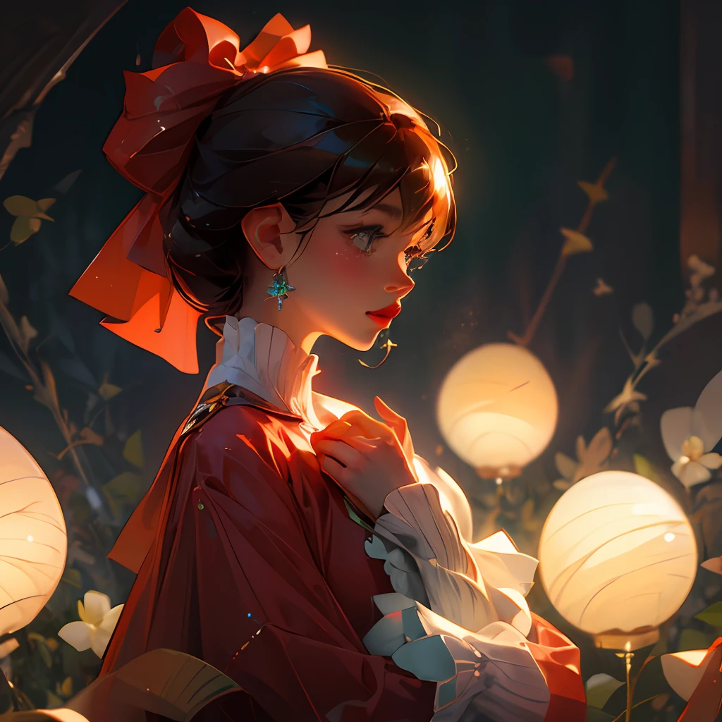 (extremely delicate and beautiful: 1.2), 1girl, bangs, blue eyes, blur, blur background, bow, brown hair, shut up, side view, hair between eyes, hair bow, lantern, light particles, long sleeves, look looking at audience, medium hair, night, red bow, solo, stars\(symbol\), upper body, smile, red lips --auto