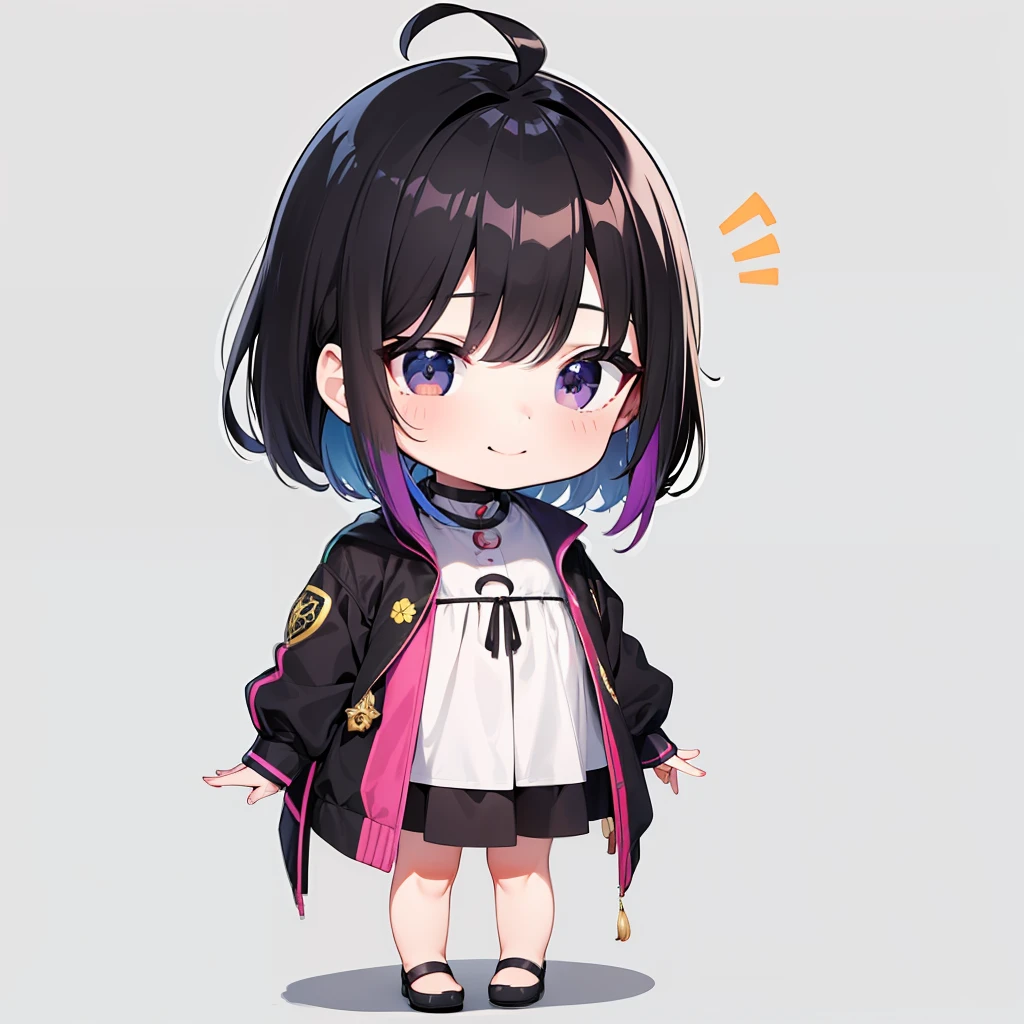 超A high resolution, nffsw, Best aesthetic, Best Quality, masutepiece, Flat avatar, Beautiful eyes、Perfect litthing、(colourfull、vivd colour: 1.4)、Ahoge、full body Esbian, Has iridescent hair,　Shorthair、　is shy, A smile, I'm wearing a jacket。hair adornments, chibi, simple background, earrings, jewely, side locks, large oval eyes,Flat avatar,  simple background, A darK-haired,