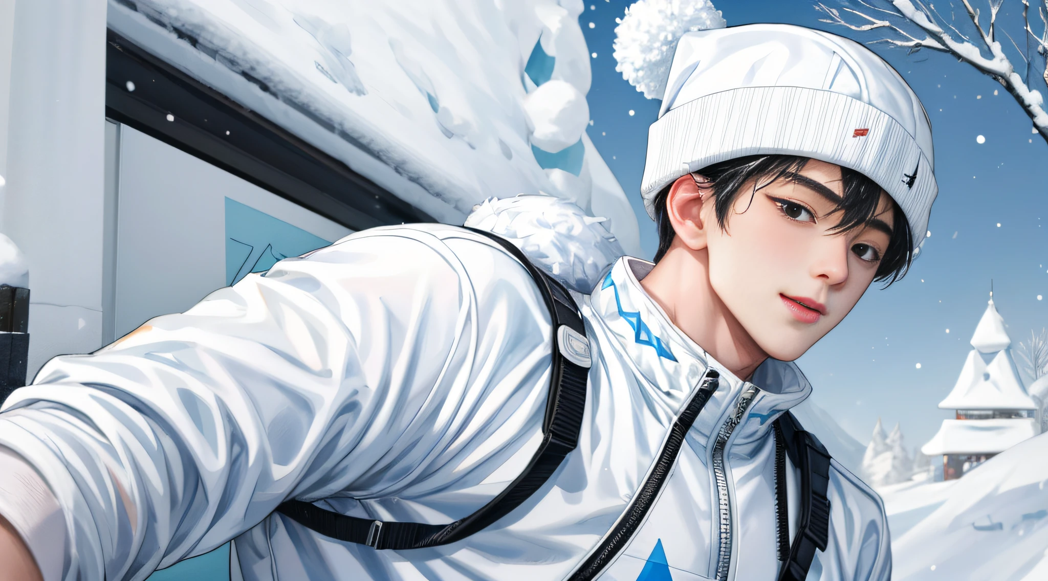 Masterpiece, 1 boy, Frozen，White ski suit，，White snow cap，chineseidol，Run in the snow，On the left side of the screen， Shy, face round, Black eyes，largeeyes，