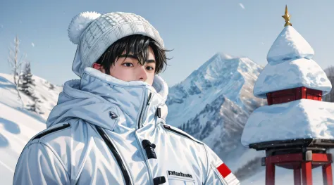 Masterpiece, primitive，HighestQuali，1 boy, snow landscape，White ski suit，Plush ski cap，White snow cap，Chinese，skiing，fully body ...