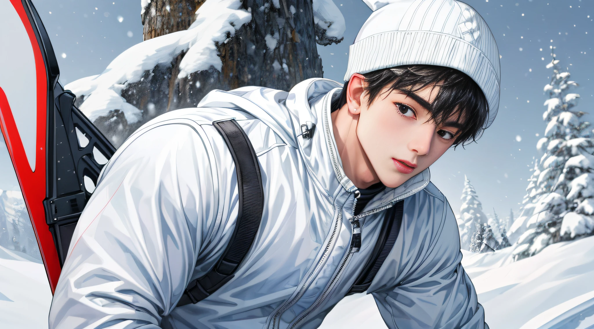 傑作, 原始，最高质量，1名男孩,雪的全身照片，白色滑雪服，毛绒滑雪帽，白色雪帽，中国人，滑雪，，害羞的, 臉圓, 黑眼睛，大眼睛，