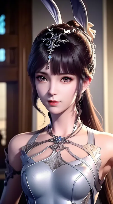 Close-up of a woman in a silver blue dress, Cheng Weipan Art Station, Xiuxian Technology Sense, Detailed Fantasy Art, Stunning C...