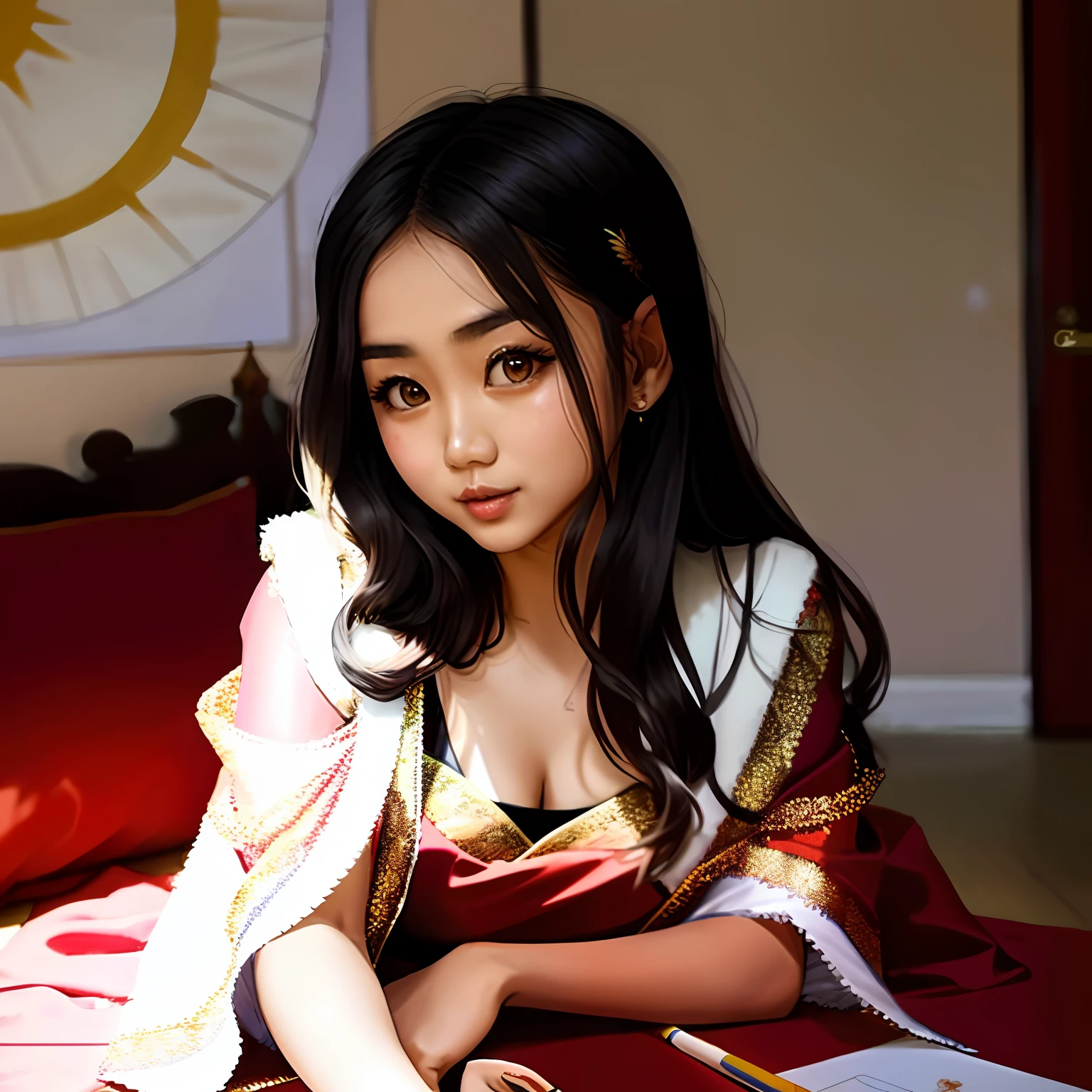 realist, detailed 4k, Asian cute girl, she is 30 years old. She like laying down and draw picture. she is drawing a picture in a room, She has long hair and sunshine on her hair. She has fair skin, she is good looking. Myanmar girl, weating myanmar dress. she is drawing a sketch. she is wearing myanmar dress