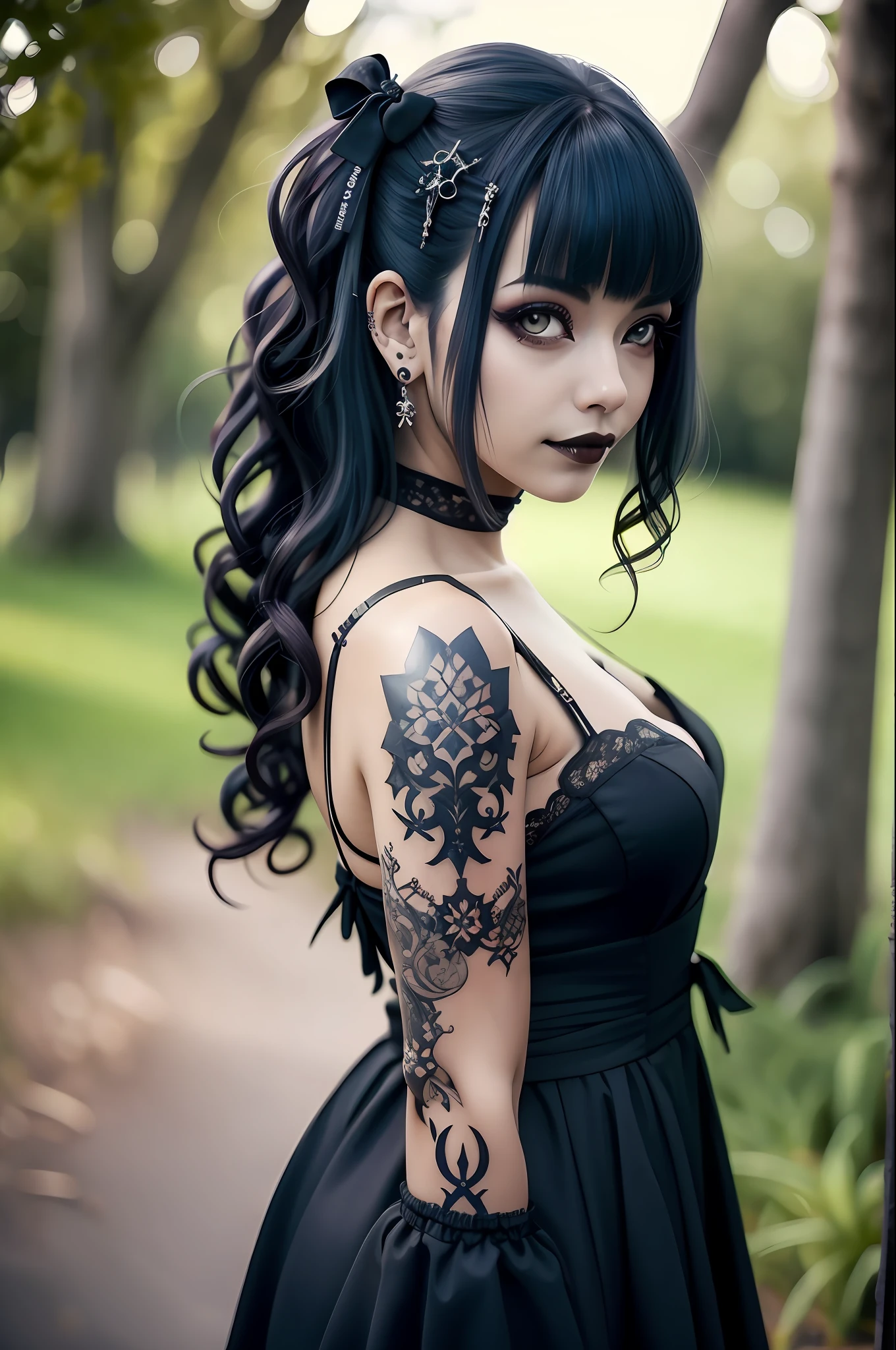 schöne tätowierte Frau, kurze schwarze Haare, Ganzkörper, Gothic black drIsts, schwarze Rentierhandschuhe, Ist, gotisch, Abonnieren, Höchste Qualität, 8k, ao fundo uma florIstta Istcura, mit beleuchteten Schmetterlingen