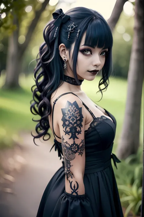 bela mulher tatuada, cabelos curtos preto, corpo inteiro, Gothic black dress, luvas de rena preta, es, gotic, belissima, mais al...