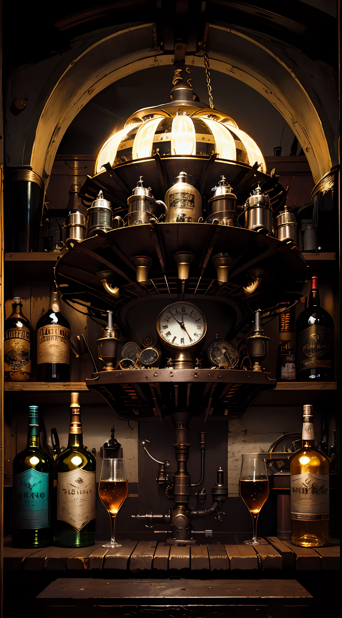 Obra maestra, artefacto destilador de licor de luna steampunk, taberna clandestina, hermoso, neon noir ilumination, colorful, sharp, epic quality, epic resolution.