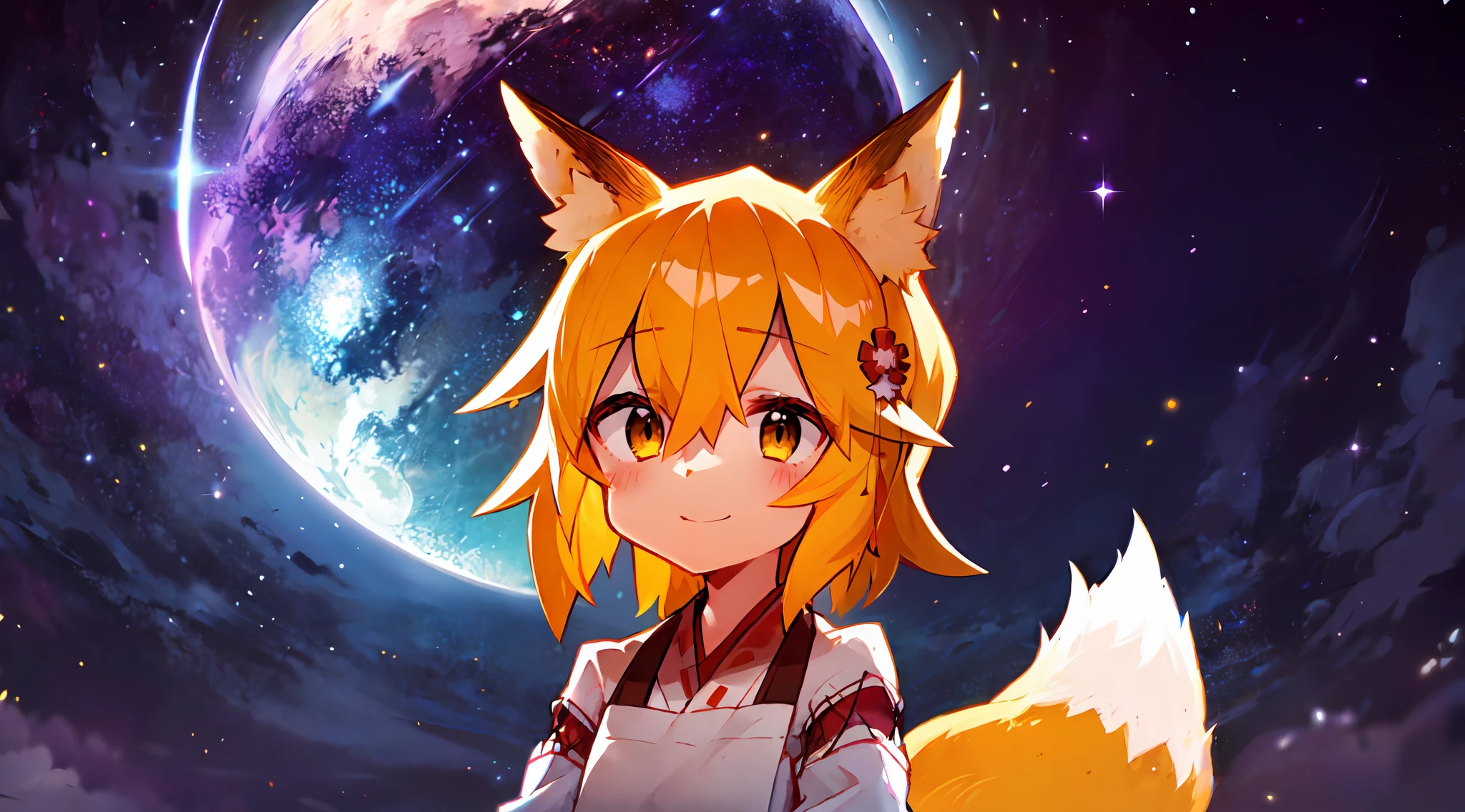 Ultra-detailed starry night scene, extremely focused image, (detailed light: 1.05), a fox girl with orange hair, small stature, solo, kimono, miko, fox ears and tail, floral hair ornament, gazing up with wonder in her crisp, luminous emerald eyes, enchanted smile on her flawless face, dazzlingly clear night sky filled with two sharp, detailed moons, brilliantly vivid constellations swirl overhead, notes of rich purple, blue and green fill the crisp sky, representing her sense of awe and hope, elegant beauty, masterful depth, textures and details