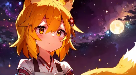 Ultra-detailed starry night scene, extremely focused image, (detailed light: 1.05), a fox girl with orange hair, small stature, ...