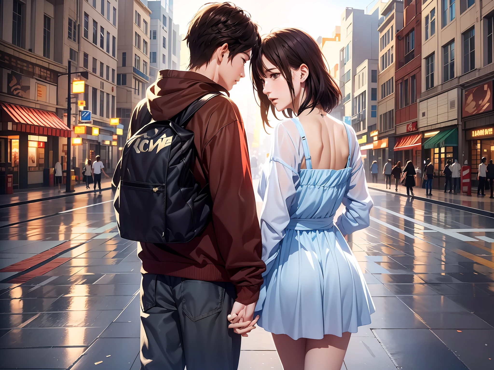 They walked down the street holding hands, Guviz-style artwork, Realistic anime 3 D style, realistic anime artstyle, in city street, Makoto Shinkai e Tom Bagshaw, trending on cgstation, 3 d anime realistic, Photorealistic anime, anime realism style, Anime style. 8K, Smooth anime CG art