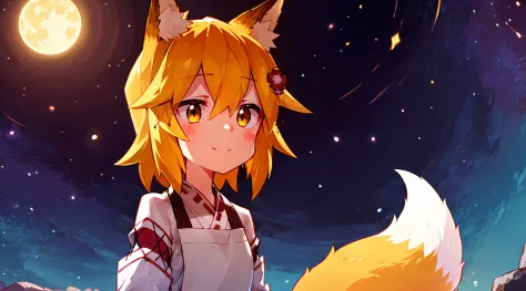 Ultra-detailed starry night scene, extremely focused image, (detailed light: 1.05), a fox girl with orange hair, small stature, ...