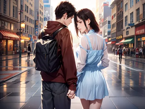 they walked down the street holding hands, guviz-style artwork, realistic anime 3 d style, realistic anime artstyle, in city str...