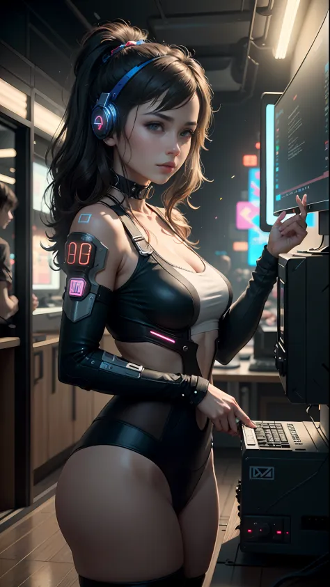 ((Best Quality)), ((Masterpiece)), (Very detailed:1.3), 3D, Beautiful (Cyberpunk:1.3) Female hacker, Mohican hairstyle, back to ...