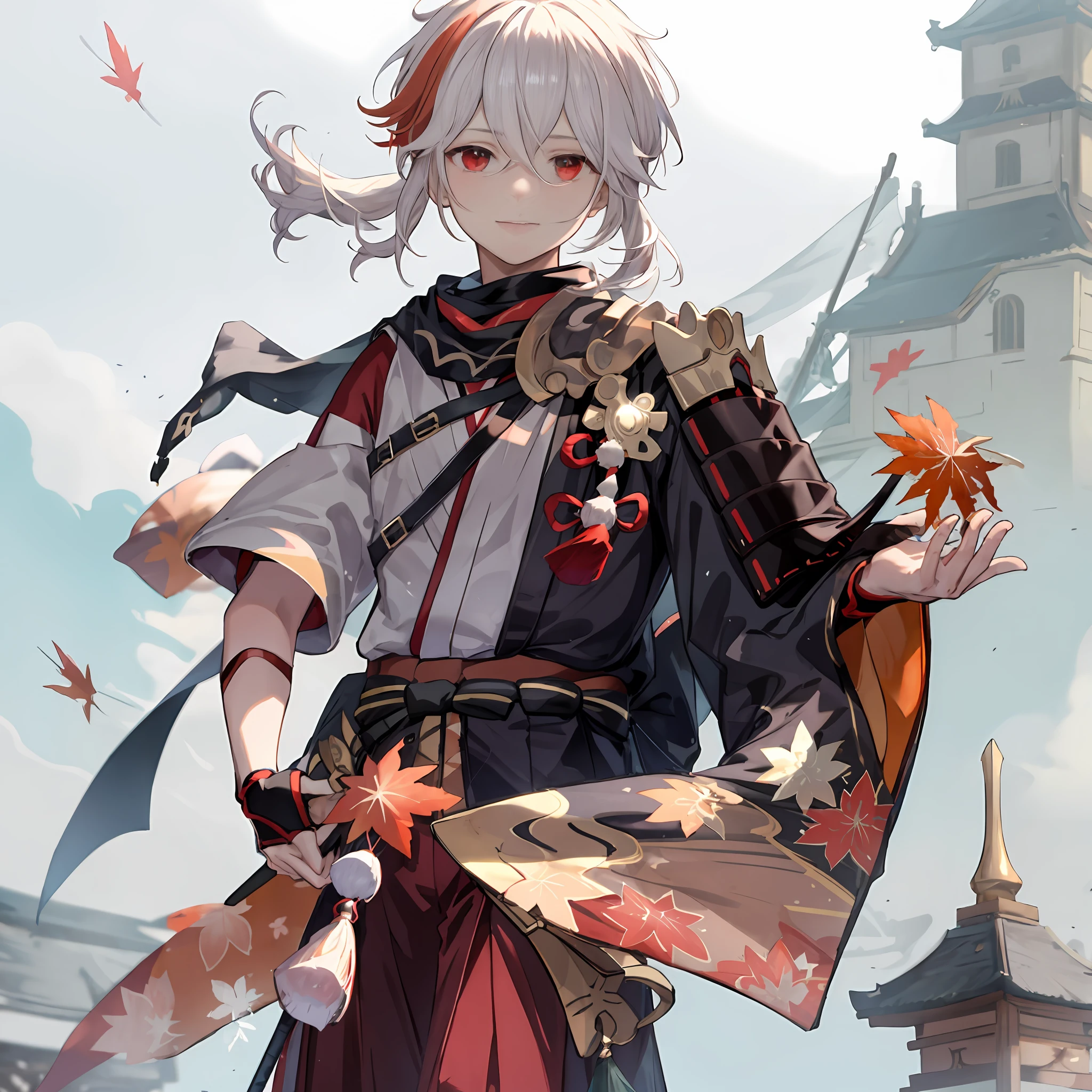 masterpiece, best quality, maple manyo, male focus, 1boy, solo, red eyes, bangs, multicolored hair, japanese clothes, striped hair, red hair, hair between the eyes, weapon, sword, armor, japanese armor, white hair, shut up, ponytail, outdoors, tassel, looking at the audience, castle tower, (kbxll:0.6)