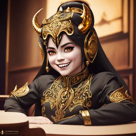 Ultra realistic ulher with blonde hair with horns and horns on her head sitting at a table, menina anime demon, 2. 5 d cgi anime...
