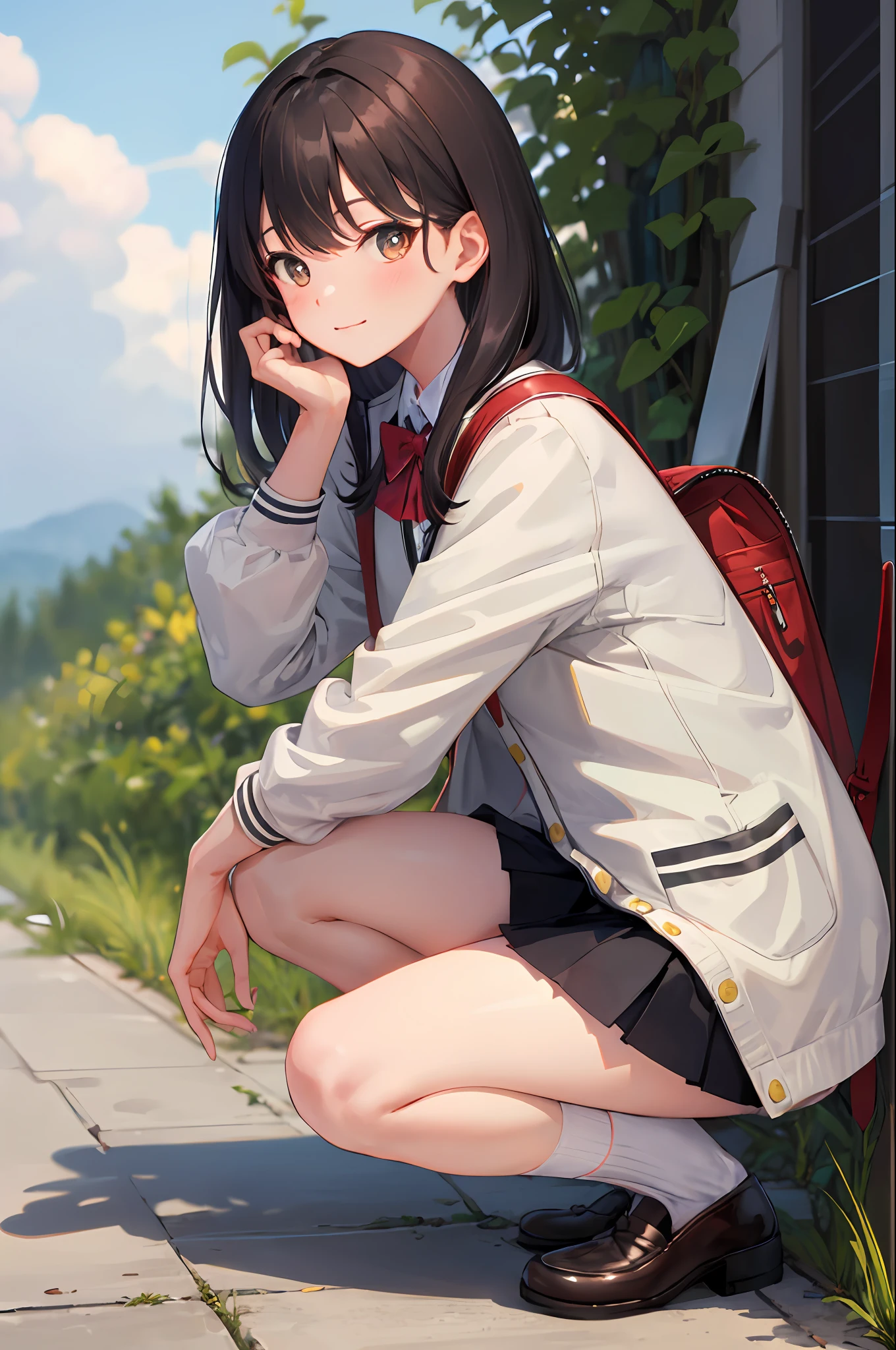 masterpiece, best quality, 1girl, solo, skirt, bag, outdoors, jacket, squatting, socks, shoes, looking at viewer, brown footwear, , plaid, loafers, blazer, brown hair, plaid skirt, black socks, long sleeves, bangs, open clothes, open jacket, bow, brown eyes, pleated skirt, bowtie, day, long hair, full body, bush, red bow, kneehighs, shirt, closed mouth, sleeves past wrists, backpack, hand on own face, red bowtie, black jacket, school bag, blush, plant, brown skirt, hand on own cheek, blurry, from side, hand up, looking to the side, collared shirt, miniskirt, white shirt, cardigan, grass, sweater, light smile