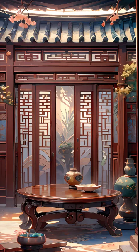 (antique interior design), chinese home furnishings, round porch, depth, symmetrical design, ((antique carved door beams, carved...