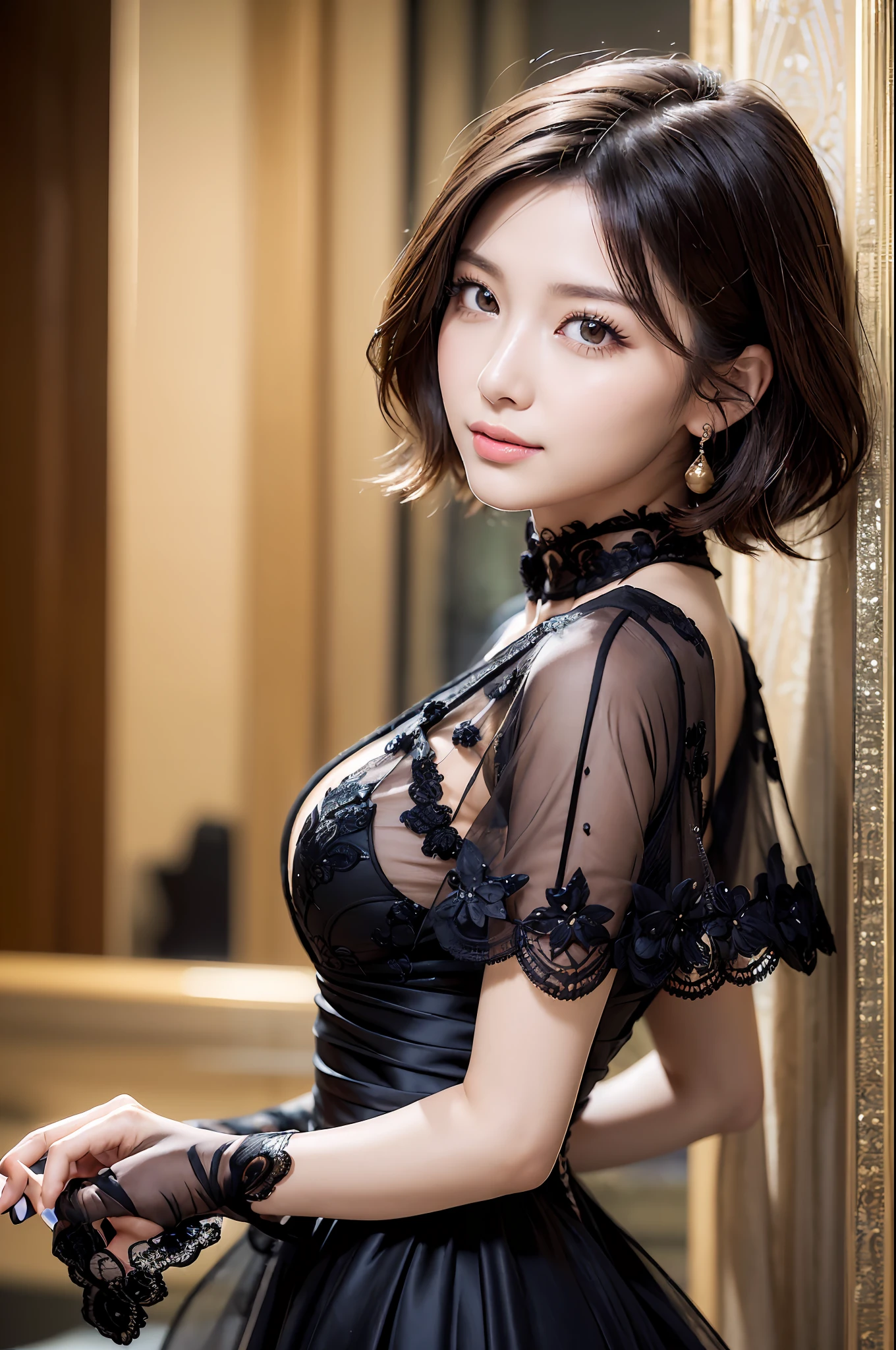 (((((a 20 yo woman, Luxurious dresses, cowboy shot, from side, black very short hair, ))))), ((((masterpiece, best quality, highly detailed, RAW photo, 超A high resolution)))), Highly detailed facial and skin texture, A detailed eye, Crisp focus, an asian young and beautiful girl, de pele branca, Real human skin, oval-face, A person who sees with calm and goddess-like eyes, lipgloss, eye lashes, Gloss Face, Wide range of lighting, Natural shading, slight smile, Clear facial features, beautiful countenance, double eyelids, sagging eyes, Large rooms in luxury hotels, floral arrangements