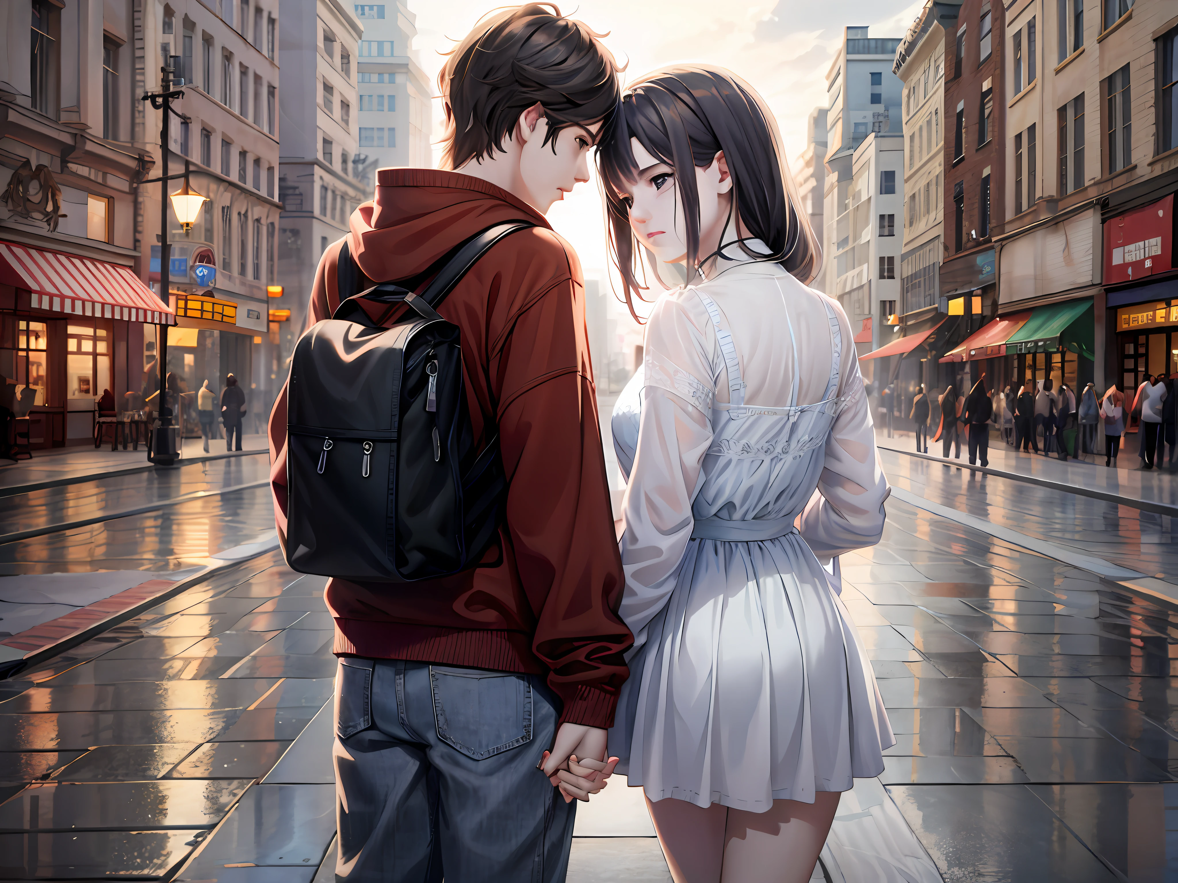 They walked down the street holding hands, Guviz-style artwork, Realistic anime 3 D style, realistic anime artstyle, in city street, Makoto Shinkai e Tom Bagshaw, trending on cgstation, 3 d anime realistic, Photorealistic anime, anime realism style, Anime style. 8K, Smooth anime CG art