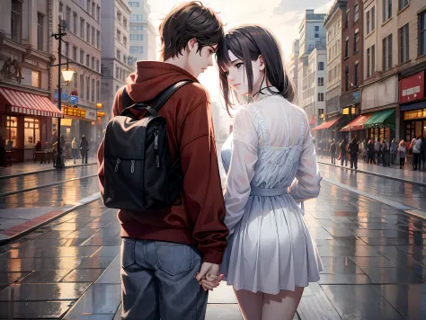 they walked down the street holding hands, guviz-style artwork, realistic anime 3 d style, realistic anime artstyle, in city str...