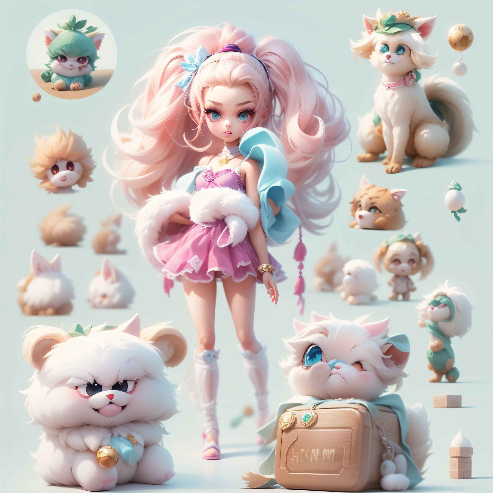 Masterpiece,High Quality,High resolution,The highest resolution,White background,solid color background,transparent background,no background,remove background,Complicated details,Highest quality,game icon,game icon institute,cartoon_style,full body,Cute Fluffy Barbie Monster,all separated