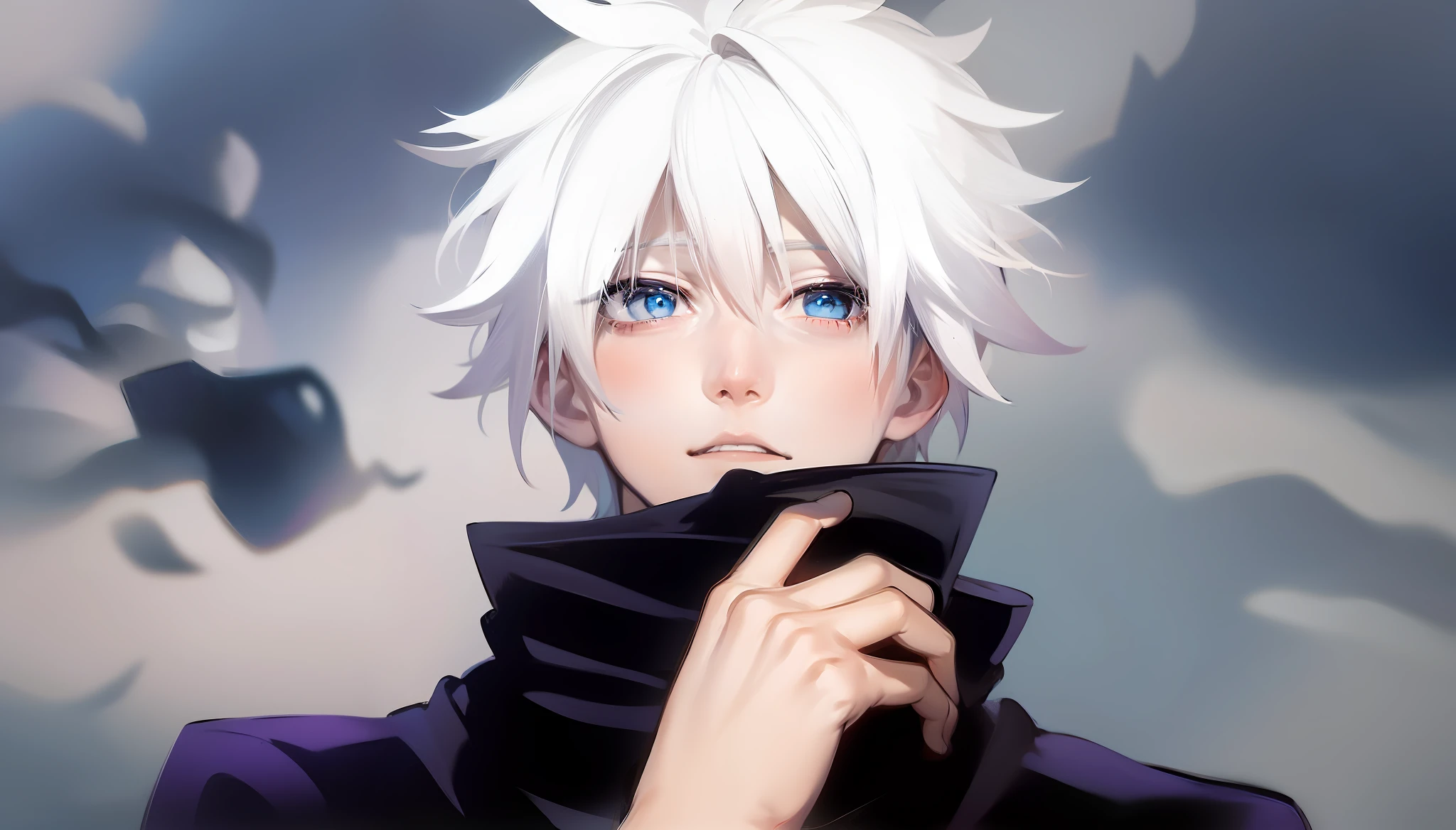 Anime character with white hair, blue eyes and black scarf, nagito komaeda, killua zoldyck black hair, white-haired god, killua zoldyck, killua zoldyck portrait, white haired Cangcang, male anime character, Tall anime guy with blue eyes, White-haired, jujutsu kaisen, kaneki ken