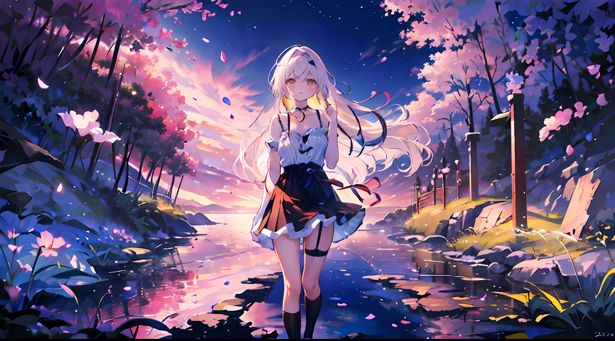 (Highest picture quality), 8k, wallpaper, (Master's work),(Detailed eyes description),(Detailed face description)(back view), 1girl, yellow eyes, shiina mahiru, (very long hair),very long hair (floating in the wind), back-view, looking back, hair ornament, flower hair ornament. headband, collarbone, ribbon, (lingerie, miniskirt, white skirt), garter belt, visible shoulders, blush, pond, petals (lens flare), walking on pond, water reflection, pond, cleavage, medium breast, aurora sky, night sky, pink sky, galaxy sky, horizon, mountains, forest, moon, (cover-style:1.3), fashionable, woman, vibrant, posing, front, colorful, dynamic, background, elements, shy, expression, holding, statement, accessory, majestic, coiled, around, touch, scene, attention-grabbing, catchy, modern, trendy, focus, fashion, realistic lighting, extreme blushing