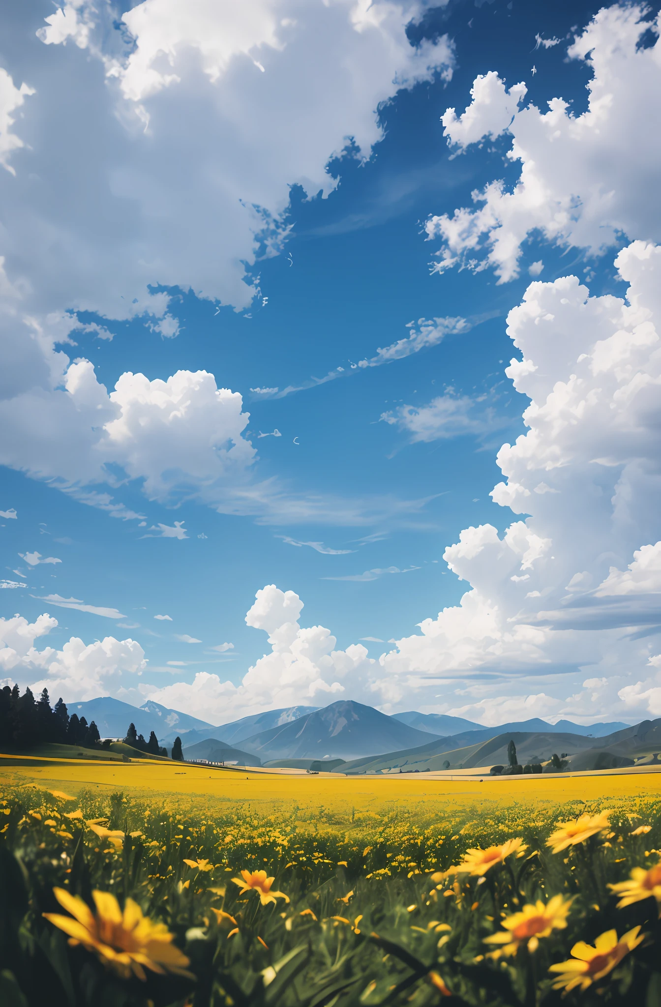 (expansive landscape photograph) , (a view from below that shows sky above and open field below), bright sunny day (clouds:1.2), distant mountain, BREAK