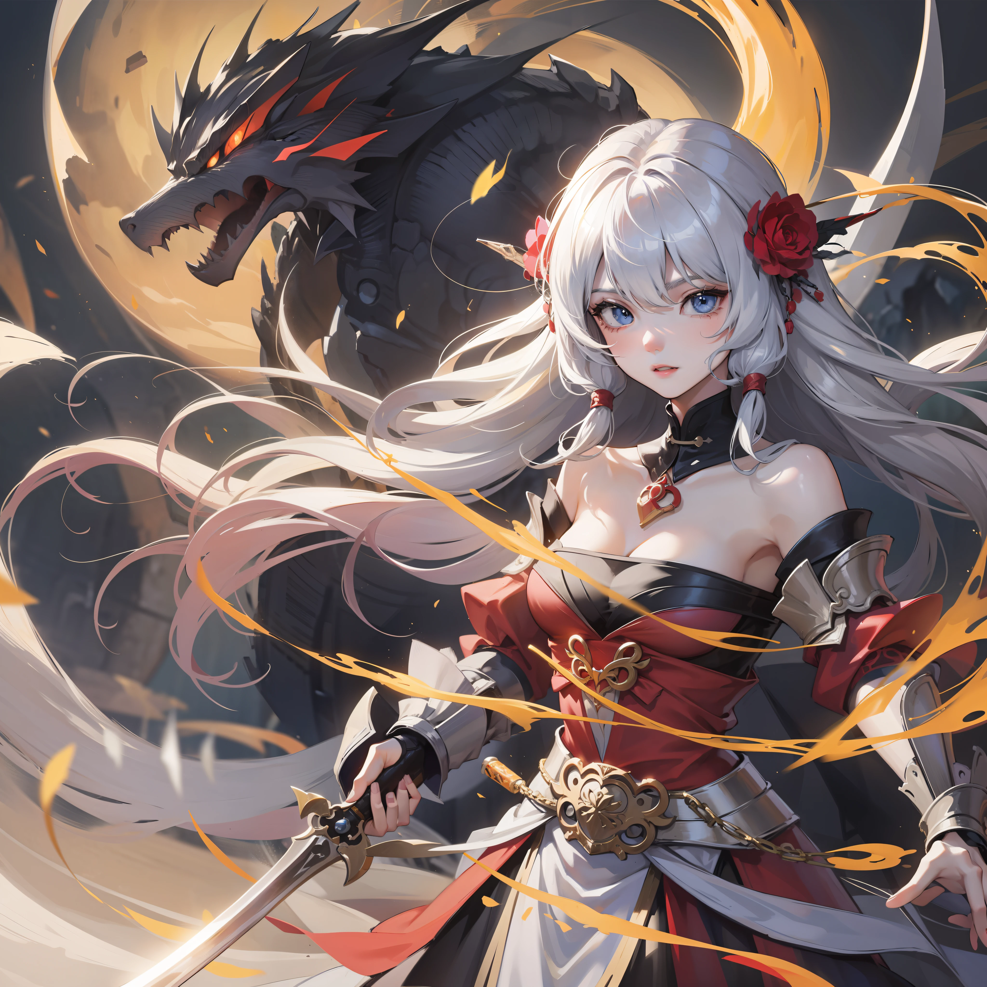 one-girl，Under the moon，holding a sword，The white dragon is on the side，Eyes wandering。