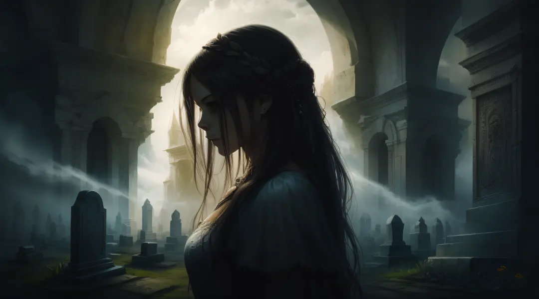 woman, close up, goth, ethereal mist, royo, backlit, graveyard in background, fantasy concept art, highly detailed, high resolut...