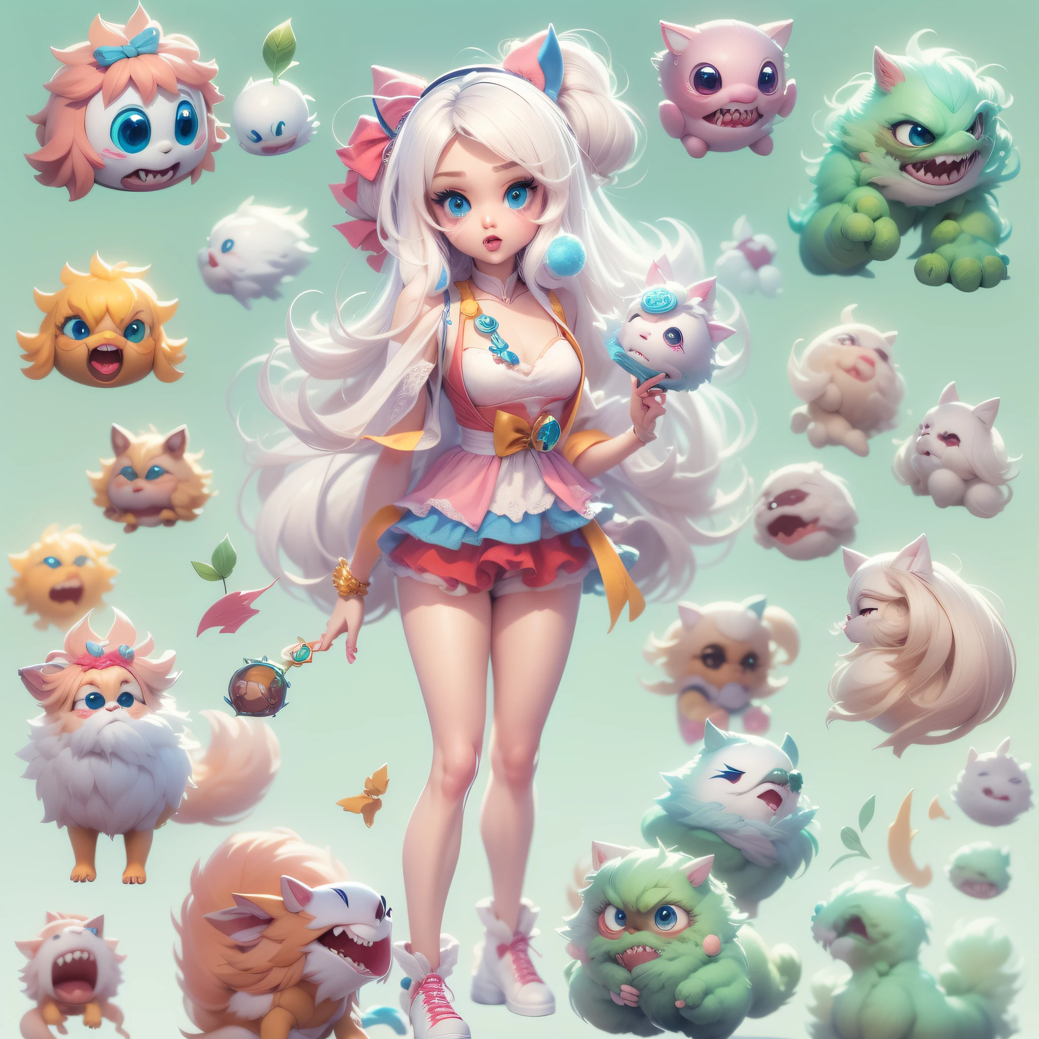 Masterpiece,High Quality,High resolution,The highest resolution,White background,solid color background,transparent background,no background,remove background,Complicated details,Highest quality,game icon,game icon institute,cartoon_style,full body,Cute Fluffy Barbie Monster,all separated