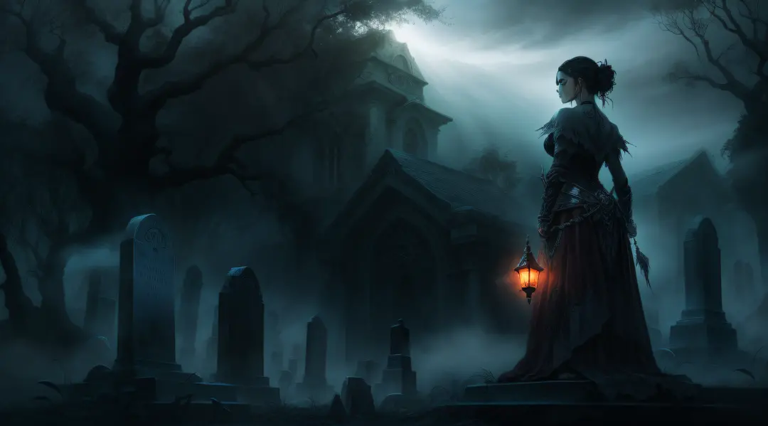 woman, close up, goth, ethereal mist, Royo, backlit, graveyard in background, fantasy concept art, highly detailed, high resolut...