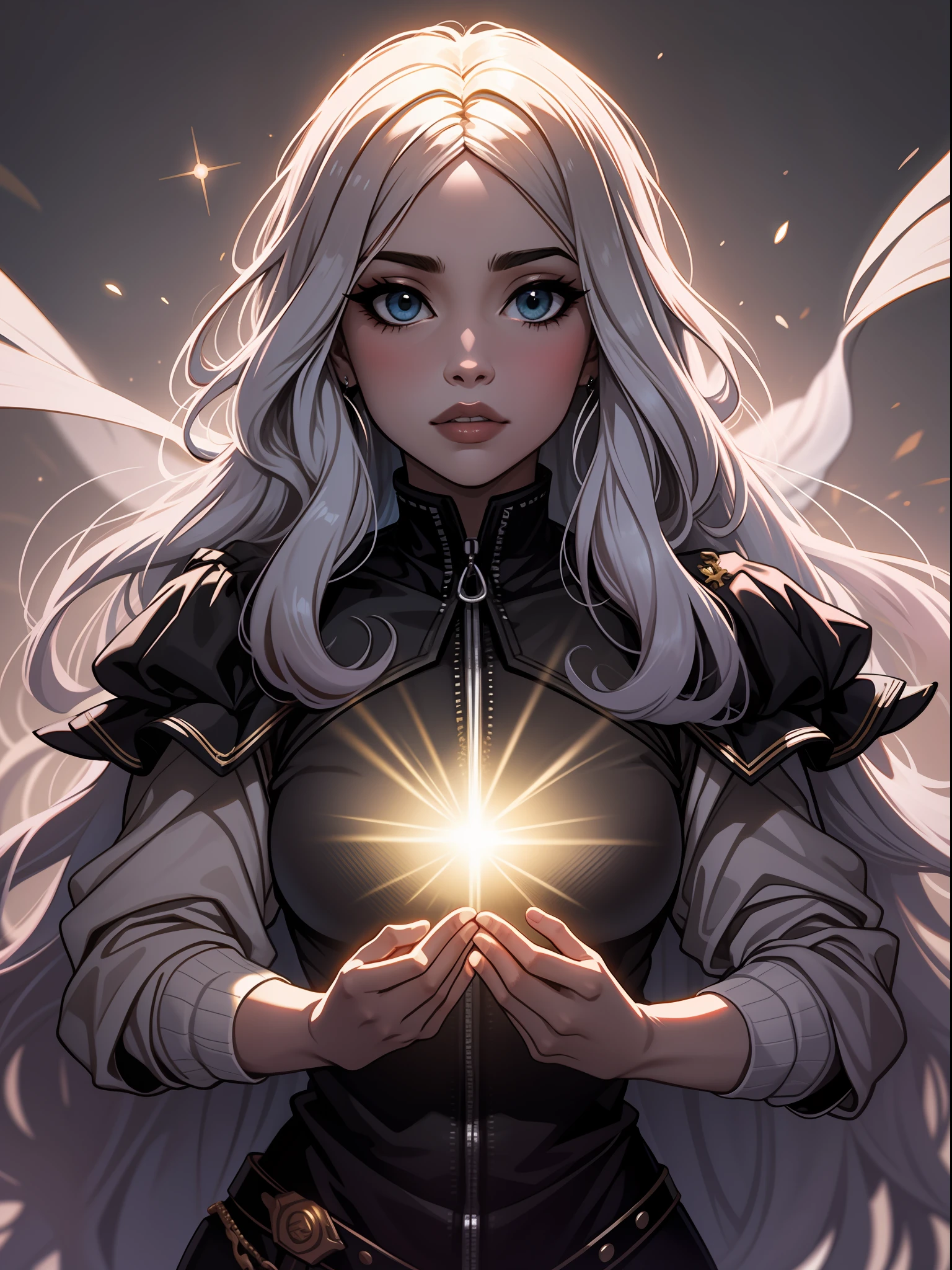 Menina de cabelo preto longo, holding in the palm of his hands a single ray of light that exists on earth, fundo escuro, Illuminating in the darkness.