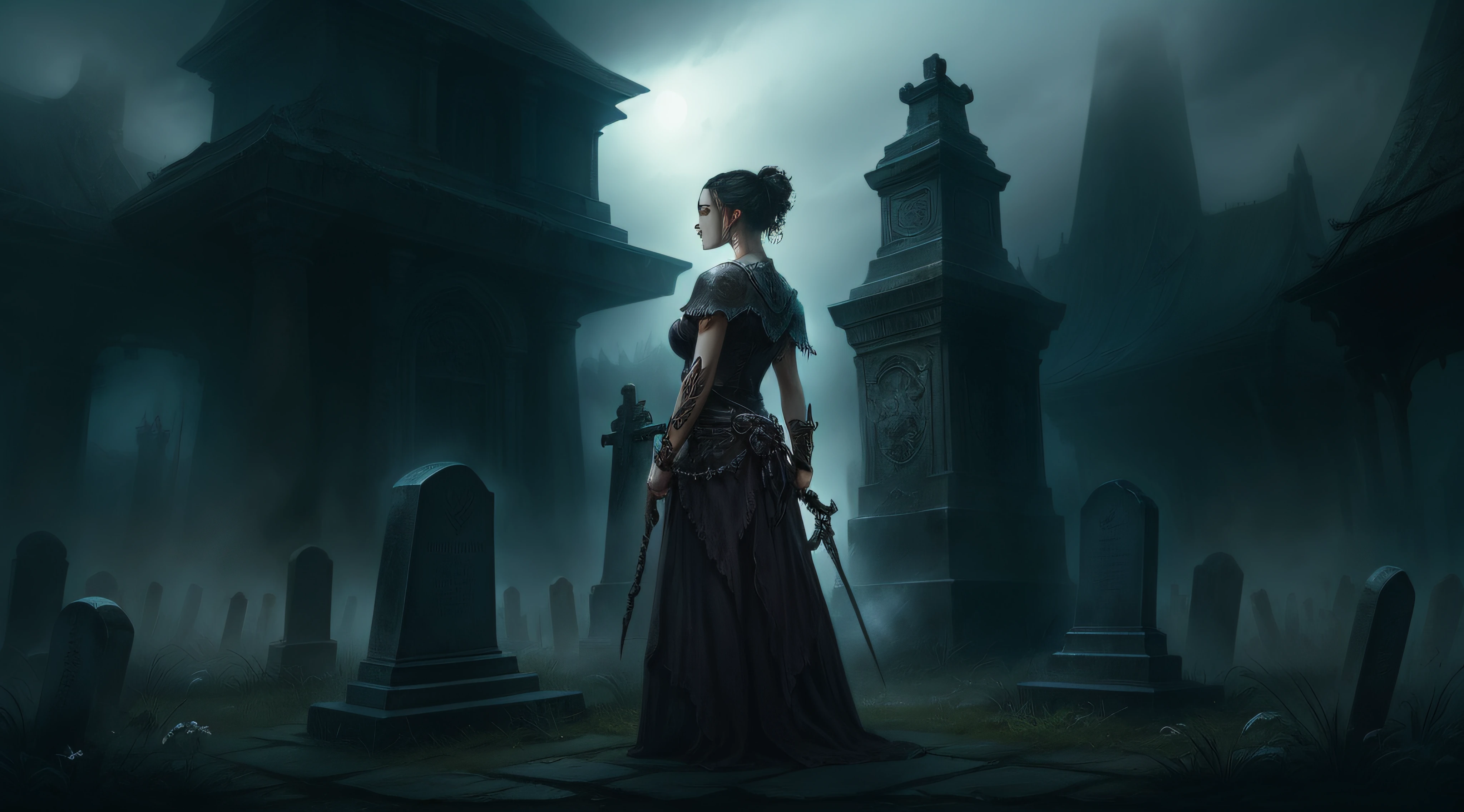 woman, close up, goth, ethereal mist, Royo, backlit, graveyard in background, fantasy concept art, highly detailed, high resolution, high quality, epic, cinematic