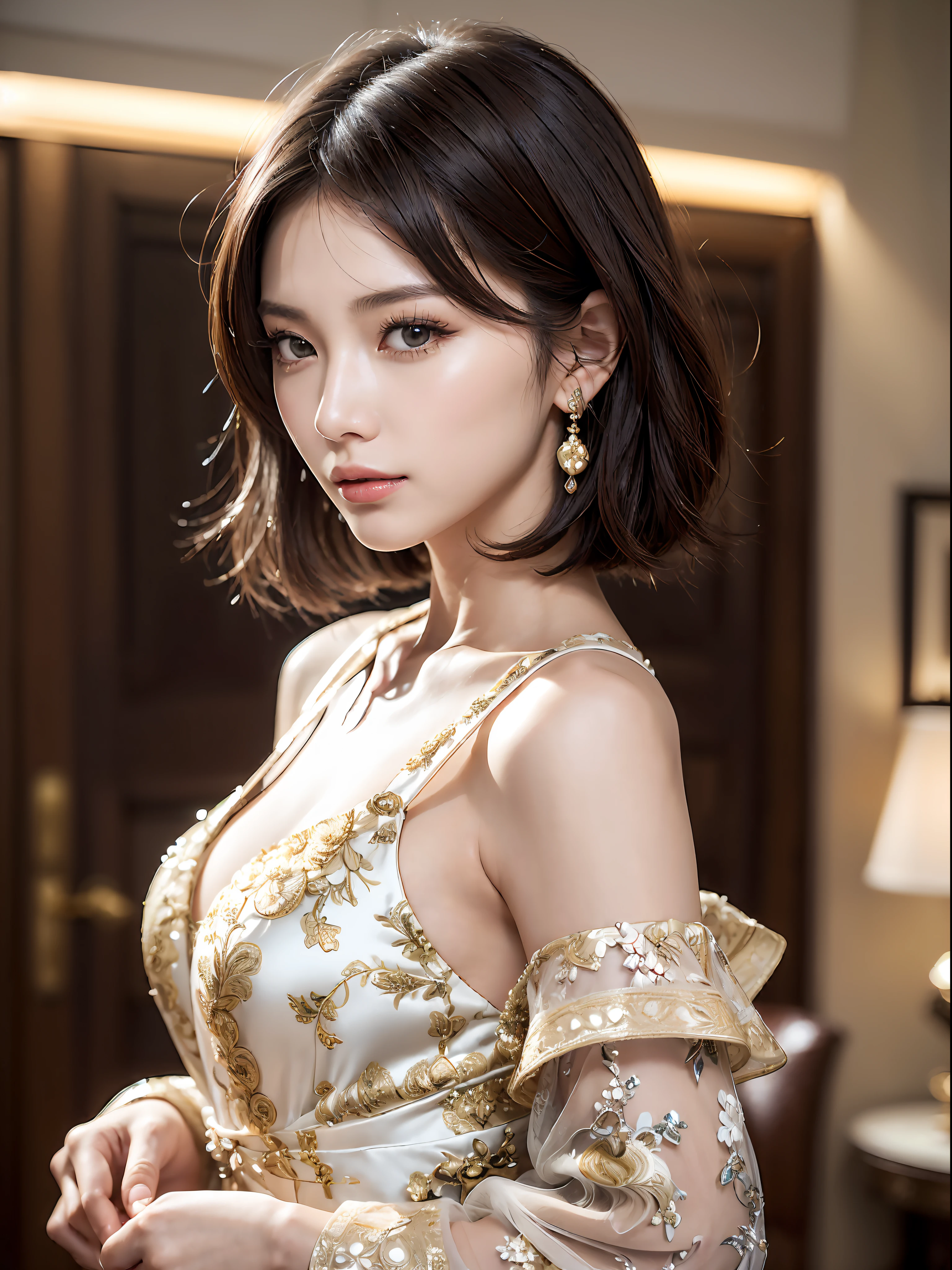 (((((a 20 yo woman, Luxurious dresses, cowboy shot, from side, black very short hair, ))))), ((((masterpiece, best quality, highly detailed, RAW photo, 超A high resolution)))), Highly detailed facial and skin texture, A detailed eye, Crisp focus, an asian young and beautiful girl, de pele branca, Real human skin, oval-face, A person who sees with calm and goddess-like eyes, lipgloss, eye lashes, Gloss Face, Wide range of lighting, Natural shading, slight smile, Clear facial features, beautiful countenance, double eyelids, sagging eyes, Large rooms in luxury hotels, floral arrangements