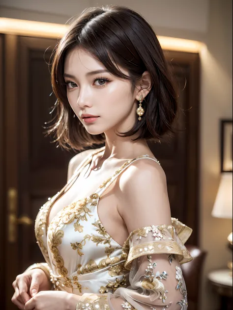 (((((a 20 yo woman, luxurious dresses, cowboy shot, from side, black very short hair, ))))), ((((masterpiece, best quality, high...