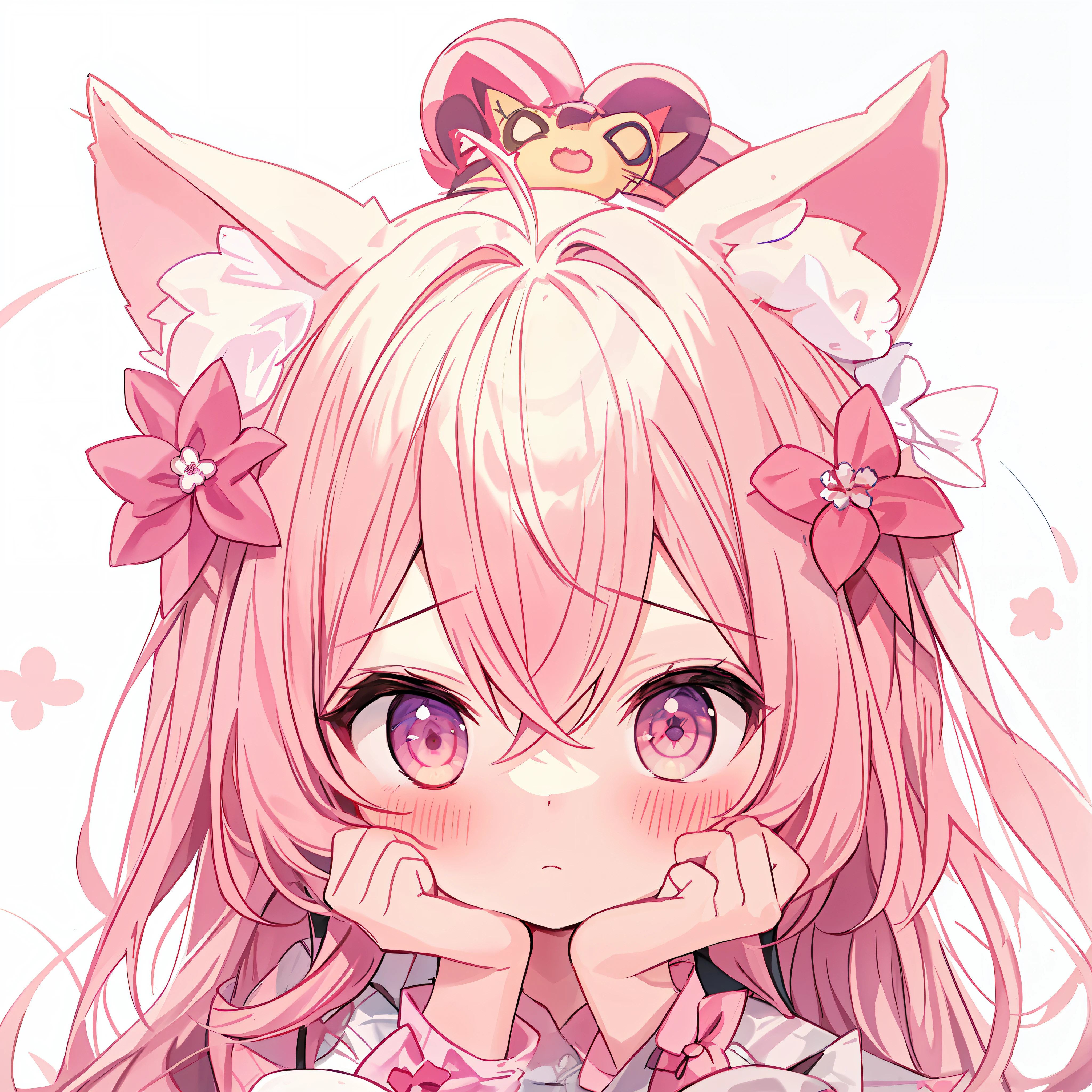 cat ear，1girll，is shy，Hold the cheeks，Floral hair ornaments，