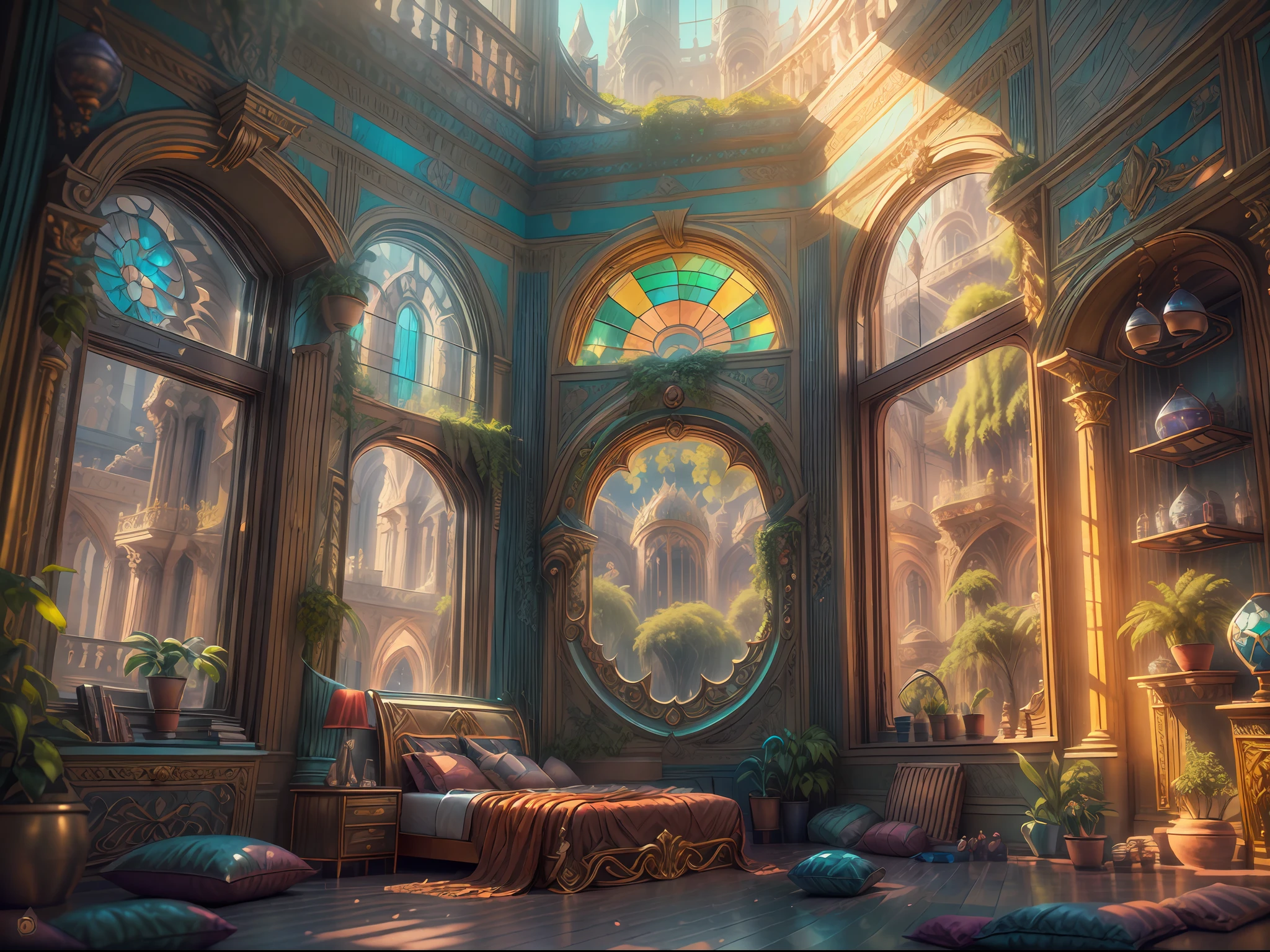 (((Generate an ornate bedroom in the style of Versailles with a big historical window.))) A hyperrealistic solarpunk dreamscape cityscape is in the window. The cityscape is extremely detailed with many colors and buildings of many different sizes. The cityscape has all colors of the rainbow and has hires interesting solarpunk details seen through the window)). It is peaceful in the bedroom. The entire artwork is very realistic with many small details and enhancements. 3D render beeple, artstation and beeple highly, in fantasy sci-fi city, inspired by beeple, 8k, unreal engine unity CGI. Masterpiece and popular. Add many fantastical and beautiful details and nuances. Lighting: Crisp, clear lighting that emphasizes the realism of the piece. Camera: Dynamic composition.