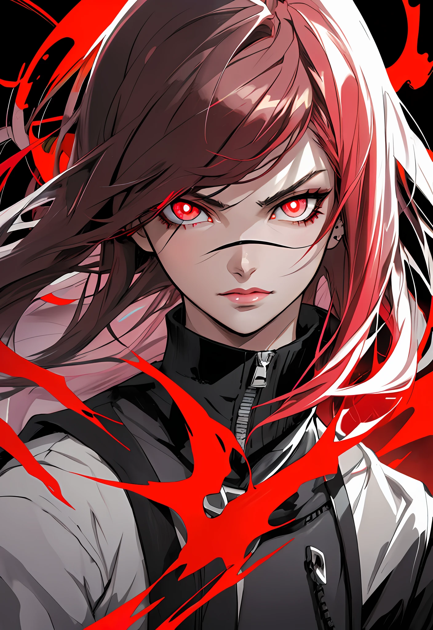 Anime, Red-eyed girl staring into the camera, with red glowing eyes, with glowing red eyes, Red glowing eyes, Glowing red eyes, red eyes glowing, Badass anime 8 K, style of anime4 K, Anime moe art style, with glowing eyes, Red-eyed, red - eyed, Epic anime style, Persona 5 Art Style WLOP1boy， （Close-up of face， tmasterpiece， best qualtiy：1.2）， 8K， offcial art，（smokey red eye shadow with glitter， Glazed pink red lip：1.1）， （very dark background：1.4）， hdr， Face light， Ultra photo realsisim， A high resolution， photography of， filmgrain， color difference， Sharp focus， hdr， Face light source， 动态照明， cinmatic lighting， Professional shadows， dark shadow，Most detailed，extremy detailed，Hyper-detailing，finedetail，realskin，exquisitefacialfeatures，Detailed face and eyes，Sharp pupils，realistic pupil，（brunette color hair：1.4）