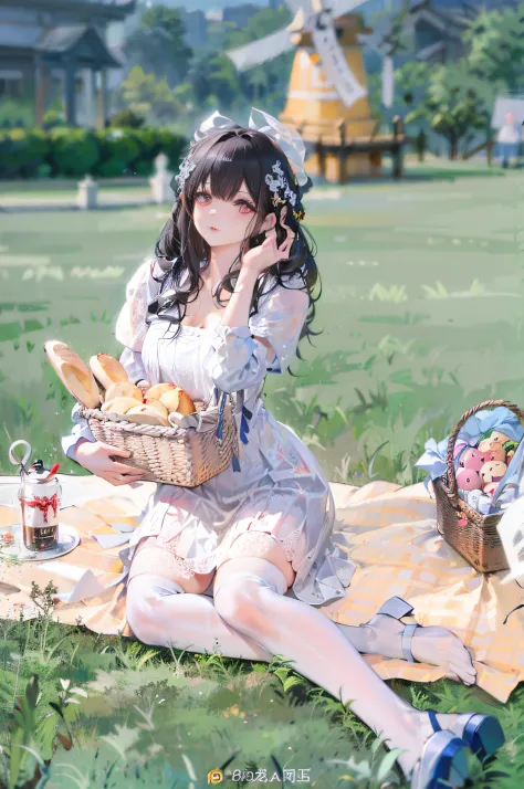Aravi girl sitting on blanket，Holding a basket of bread in his hand, belle delphine, sakimichan, having picnic, ulzzangs, Ruan c...