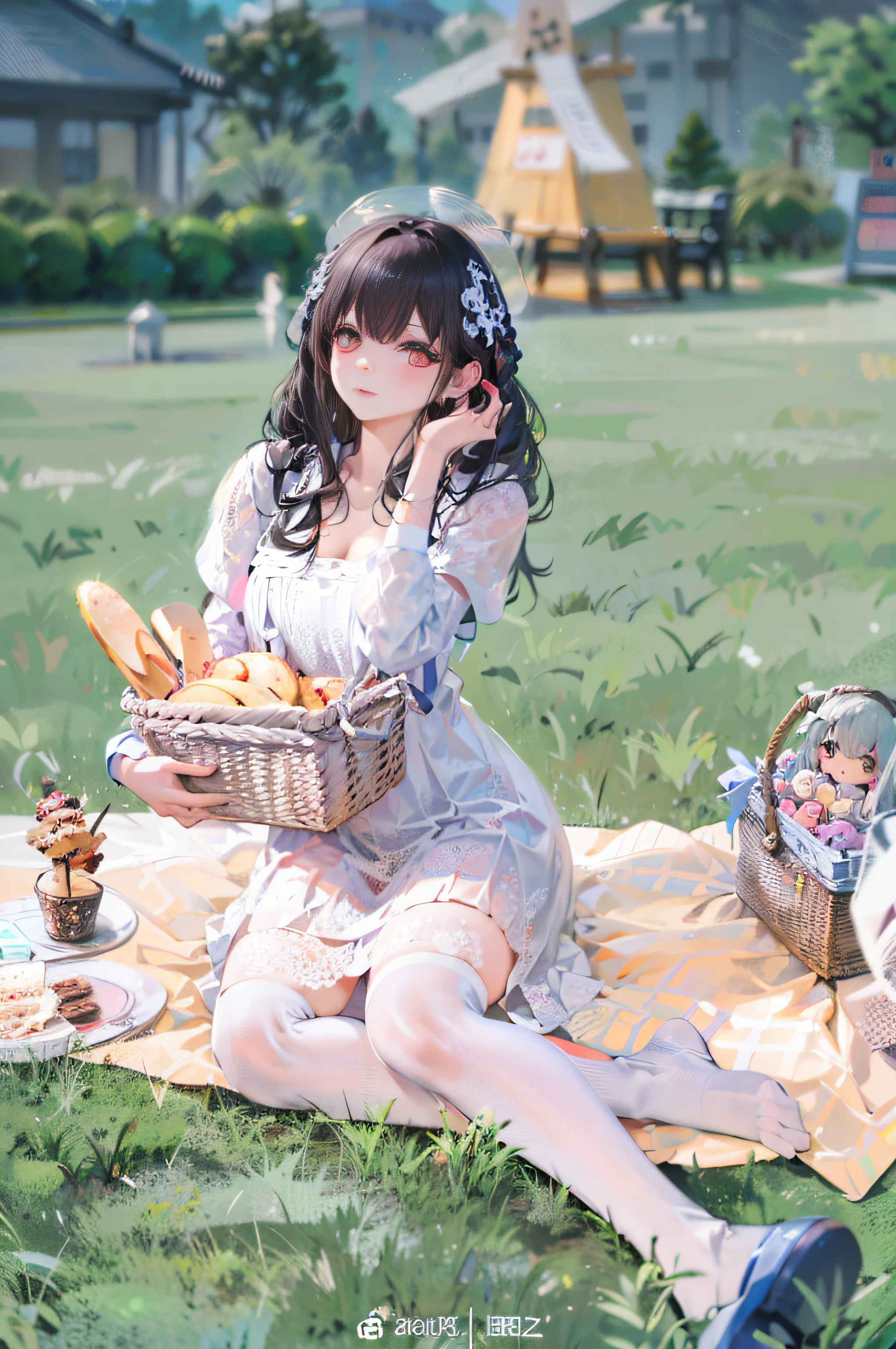 Anime girl sitting on a blanket with a basket of bread - SeaArt AI