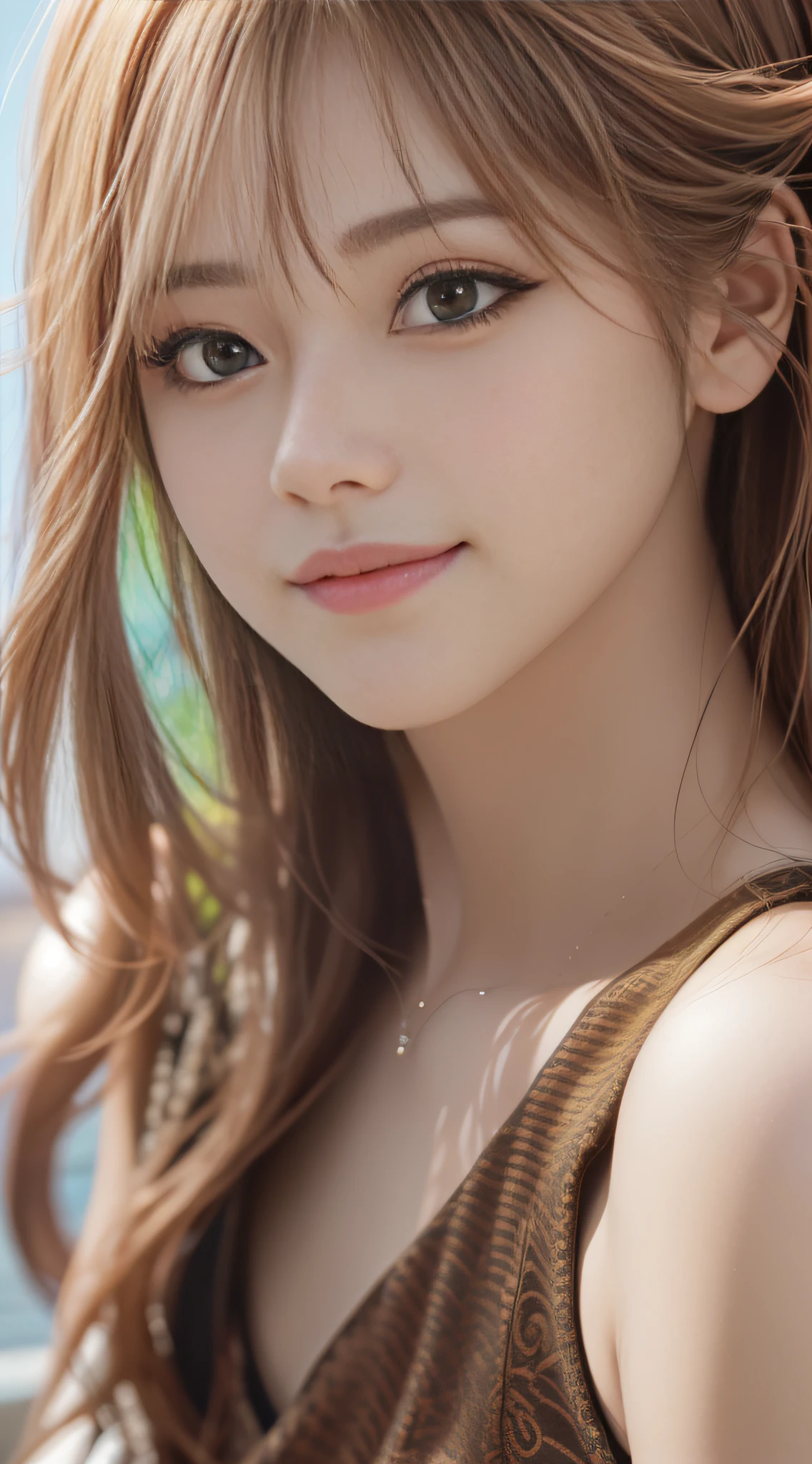 bangs, Tzuyu, woman,complex 3d render ultra detailed, smile, portrait of beautiful woman, moody portrait, striking features, beauty, intricate details, dramatic composition, tension, contrast, texture, realism, high-quality rendering, stunning art, high quality, film grain, Fujifilm XT3,swirly bokeh,(realistic, photo-realistic:1.2),RAW photo,physically-based rendering,(looking at viewer:1.4),(8k, best quality, masterpiece:1.2),(full body shot:1.1),octane render,extremely detailed CG, unity 8k wallpaper,in street,urban,city,(studio soft light,sunlight:1.2),(standing:1.1),(a girl is wearing sleeveless:1.5),hyper realistic detail shiny skin,ultra detailed,(ultra realistic:1.2),(intricate:1.2),(photorealistic:1.2),1girl,(skinny:1.3),detailed background ,(large breasts:1.1)