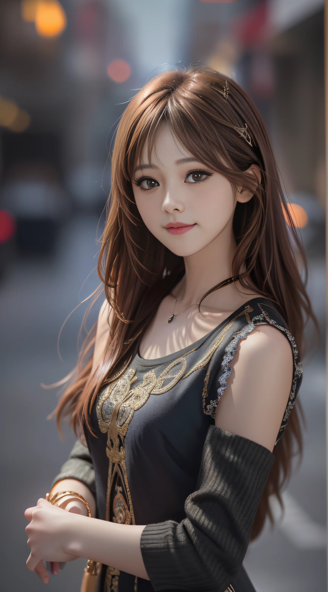 bangs, Tzuyu, woman,complex 3d render ultra detailed, smile, portrait of beautiful woman, moody portrait, striking features, beauty, intricate details, dramatic composition, tension, contrast, texture, realism, high-quality rendering, stunning art, high quality, film grain, Fujifilm XT3,swirly bokeh,(realistic, photo-realistic:1.2),RAW photo,physically-based rendering,(looking at viewer:1.4),(8k, best quality, masterpiece:1.2),(full body shot:1.1),octane render,extremely detailed CG, unity 8k wallpaper,in street,urban,city,(studio soft light,sunlight:1.2),(standing:1.1),(a girl is wearing sleeveless:1.5),hyper realistic detail shiny skin,ultra detailed,(ultra realistic:1.2),(intricate:1.2),(photorealistic:1.2),1girl,(skinny:1.3),detailed background ,(large breasts:1.1)