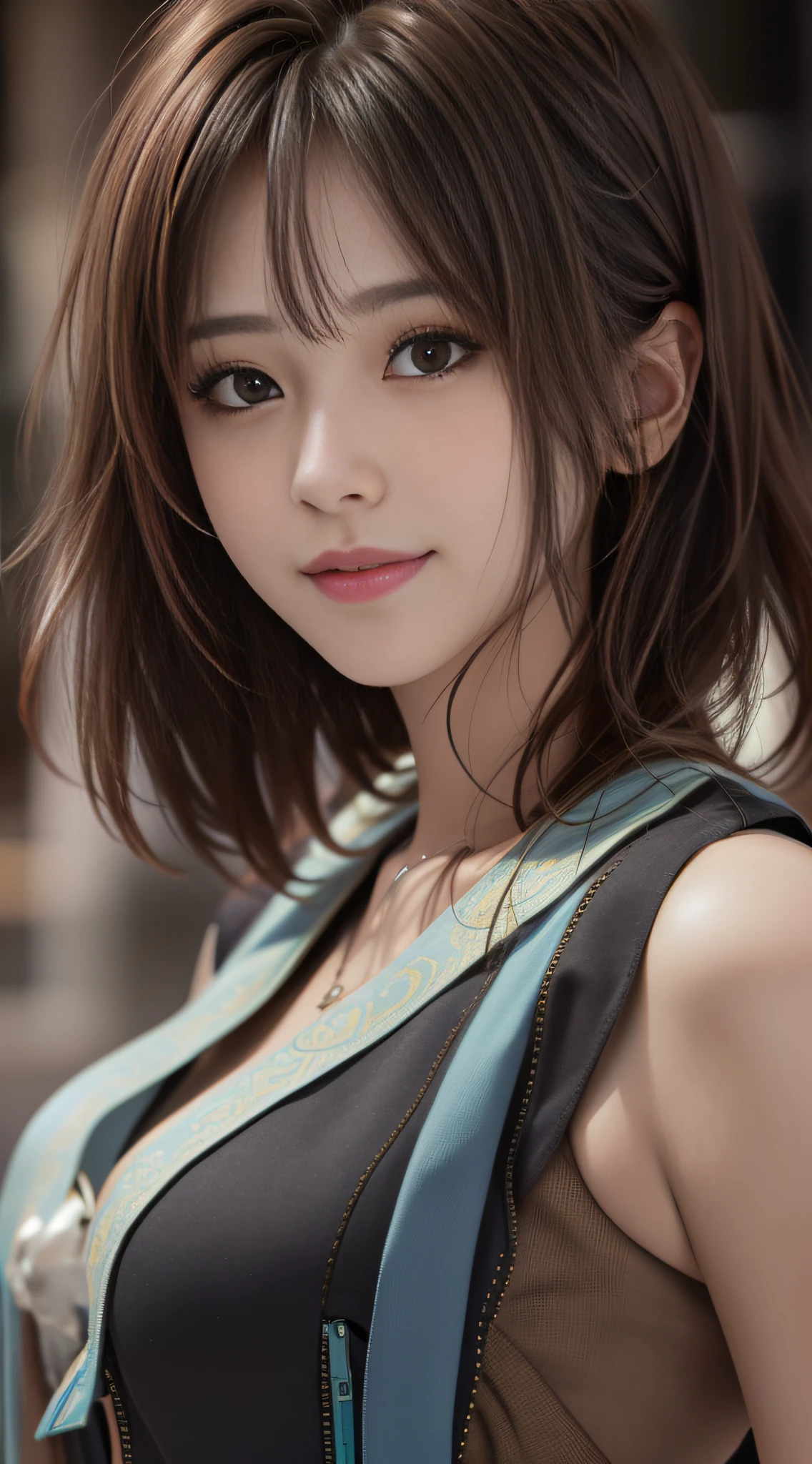 bangs, Tzuyu, woman,complex 3d render ultra detailed, smile, portrait of beautiful woman, moody portrait, striking features, beauty, intricate details, dramatic composition, tension, contrast, texture, realism, high-quality rendering, stunning art, high quality, film grain, Fujifilm XT3,swirly bokeh,(realistic, photo-realistic:1.2),RAW photo,physically-based rendering,(looking at viewer:1.4),(8k, best quality, masterpiece:1.2),(full body shot:1.1),octane render,extremely detailed CG, unity 8k wallpaper,in street,urban,city,(studio soft light,sunlight:1.2),(standing:1.1),(a girl is wearing sleeveless:1.5),hyper realistic detail shiny skin,ultra detailed,(ultra realistic:1.2),(intricate:1.2),(photorealistic:1.2),1girl,(skinny:1.3),detailed background ,(large breasts:1.1)