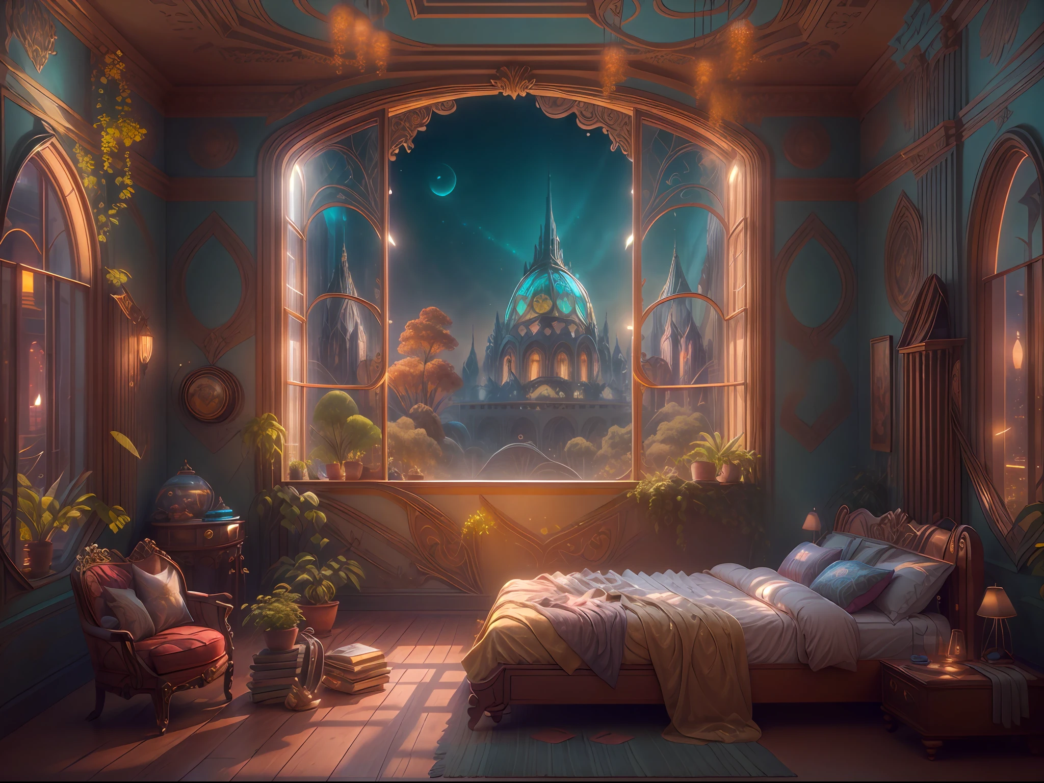 This artwork should feel real - like viewers can experience the scene. (((Generate an ornate bedroom in the style of Versailles with a big historical window.))) A hyperrealistic solarpunk dreamscape cityscape is in the window. The cityscape is extremely detailed with many colors and buildings of many different sizes. The cityscape has all colors of the rainbow and has hires interesting solarpunk details seen through the window)). It is peaceful in the bedroom. The entire artwork is very realistic with many small details and enhancements. 3D render beeple, artstation and beeple highly, in fantasy sci-fi city, inspired by beeple, 8k, unreal engine unity CGI. Masterpiece and popular. Add many fantastical and beautiful details and nuances. Lighting: Crisp, clear lighting that emphasizes the realism of the piece. Camera: Dynamic composition.