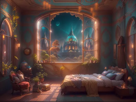 This artwork should feel real - like viewers can experience the scene. (((Generate an ornate bedroom in the style of Versailles ...