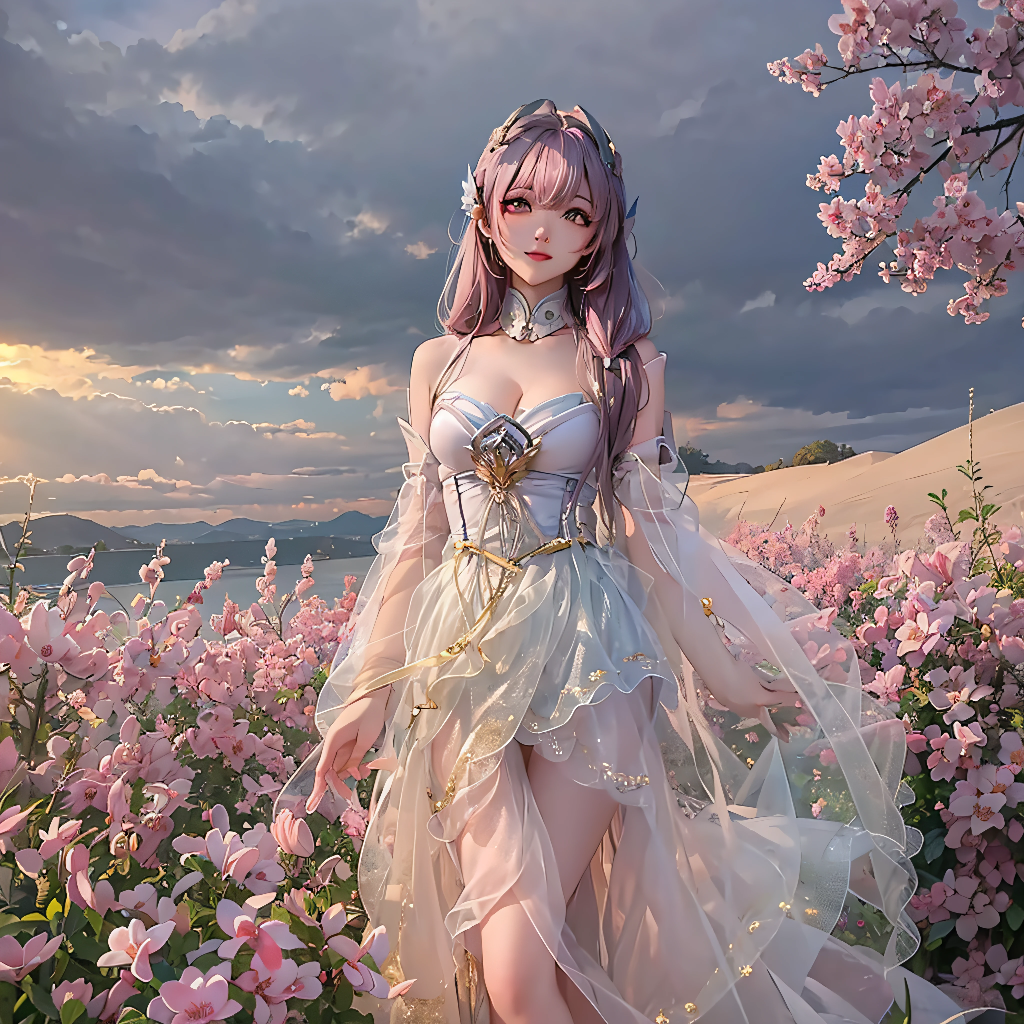 Best quality，tmasterpiece，Kizi，A pink-haired，Light white skirt，Sunny type，（Be in a sea of violet flowers：1.4），（Size 9：16，Picture quality 4K）（middlebreast：1.4） cleavage Very long hair，High ponytail，A detailed face，Smiling face，（smooth jaw：0.85），looking at viewert，beautidful eyes，A detailed eye，a skirt，（the sunset：1.4），From the side Side，photon maping，physically-based renderingt，RAW photos，highly detailed back ground，（real photograph：1.35），A high resolution，ssee-through，frontage，（ulzzang-6500：0.4），full bodyesbian，the whole