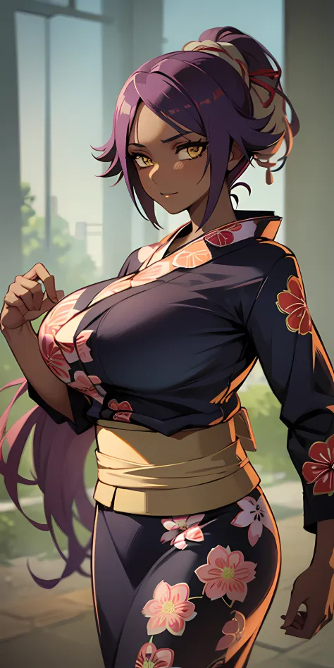 solo, shihouin yoruichi, dark-skinned ,gigantic breasts,((yukata))