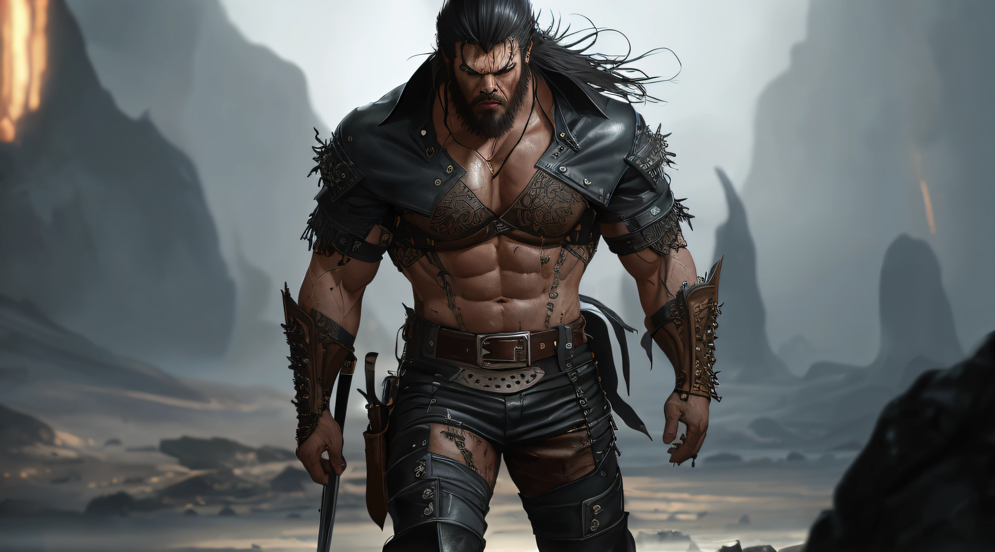 soft lustrous male hero, ((epic heroic fantasy muscular rugged wet hero angry looking with long hair and beard and fierce looking)), full body 32k unity render, action shot, skin pores, very dark lighting, heavy shadows, detailed, detailed face, (vibrant, photo realistic, realistic, dramatic, dark, sharp focus, 32k), (weathered damaged old worn leather outfit:1.4), (intricate:1.4), decadent, (highly detailed:1.4), digital painting, octane render, artstation, concept art, smooth, sharp focus, illustration, art by artgerm, (loish:0.23), wlop ilya kuvshinov, and greg rutkowski and alphonse mucha gracias, (global illumination, studio light, volumetric light)