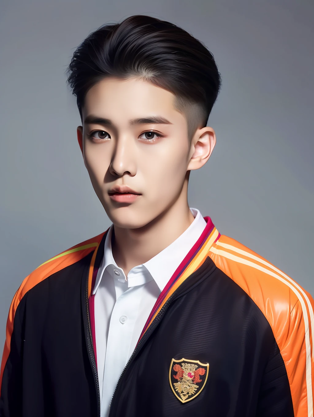 An 18-year-old male Chinese college student，Wear a color-picking jacket，school badge，Pick and dye your hair，greybackground, surrealism, hyper HD, Textured skin, High details